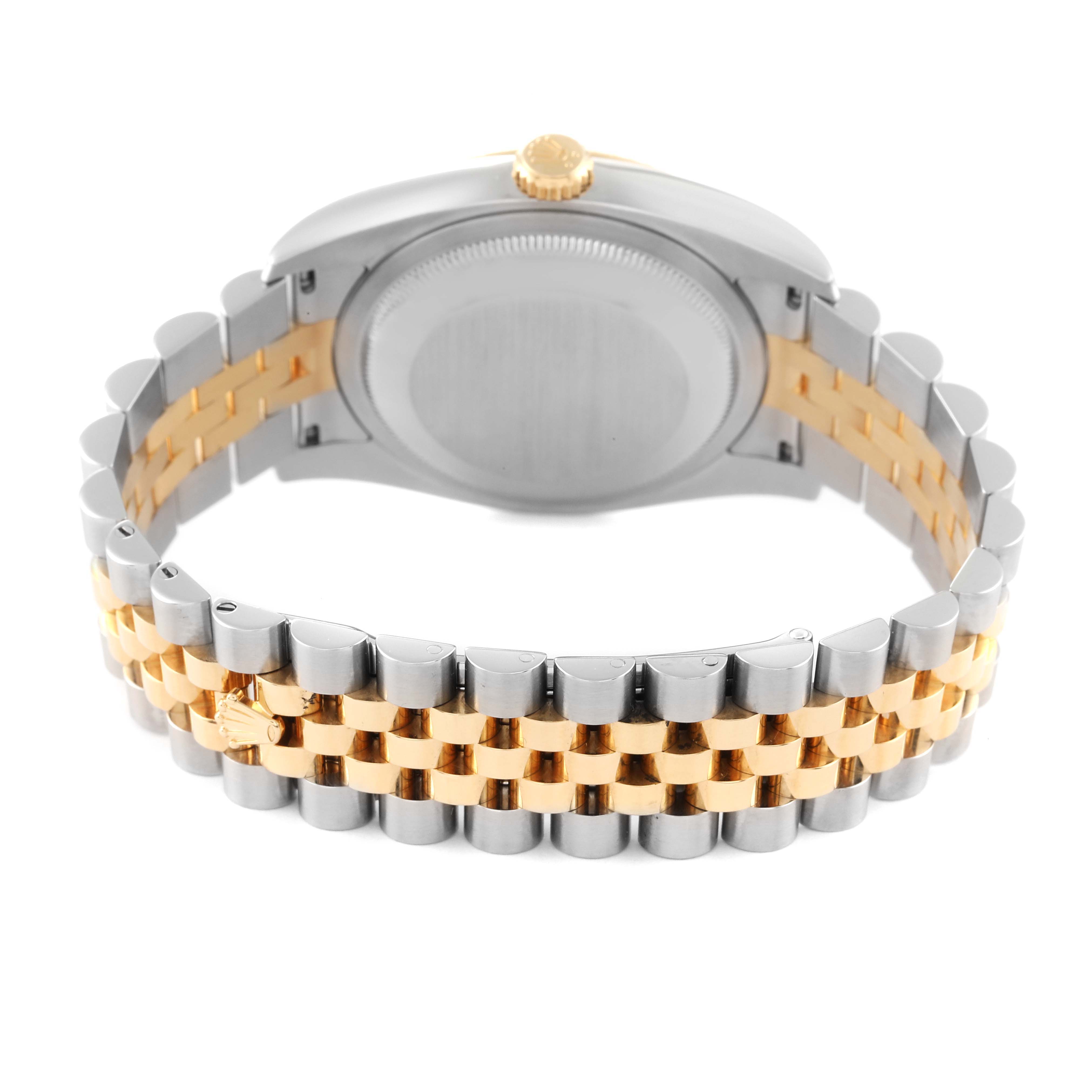 This image shows the back view of a Rolex Datejust 116233 Men's Steel and Gold (two tone) White Dial 116233 Men's Steel and Gold (two tone) White Dial watch highlighting the case and the two-tone bracelet.