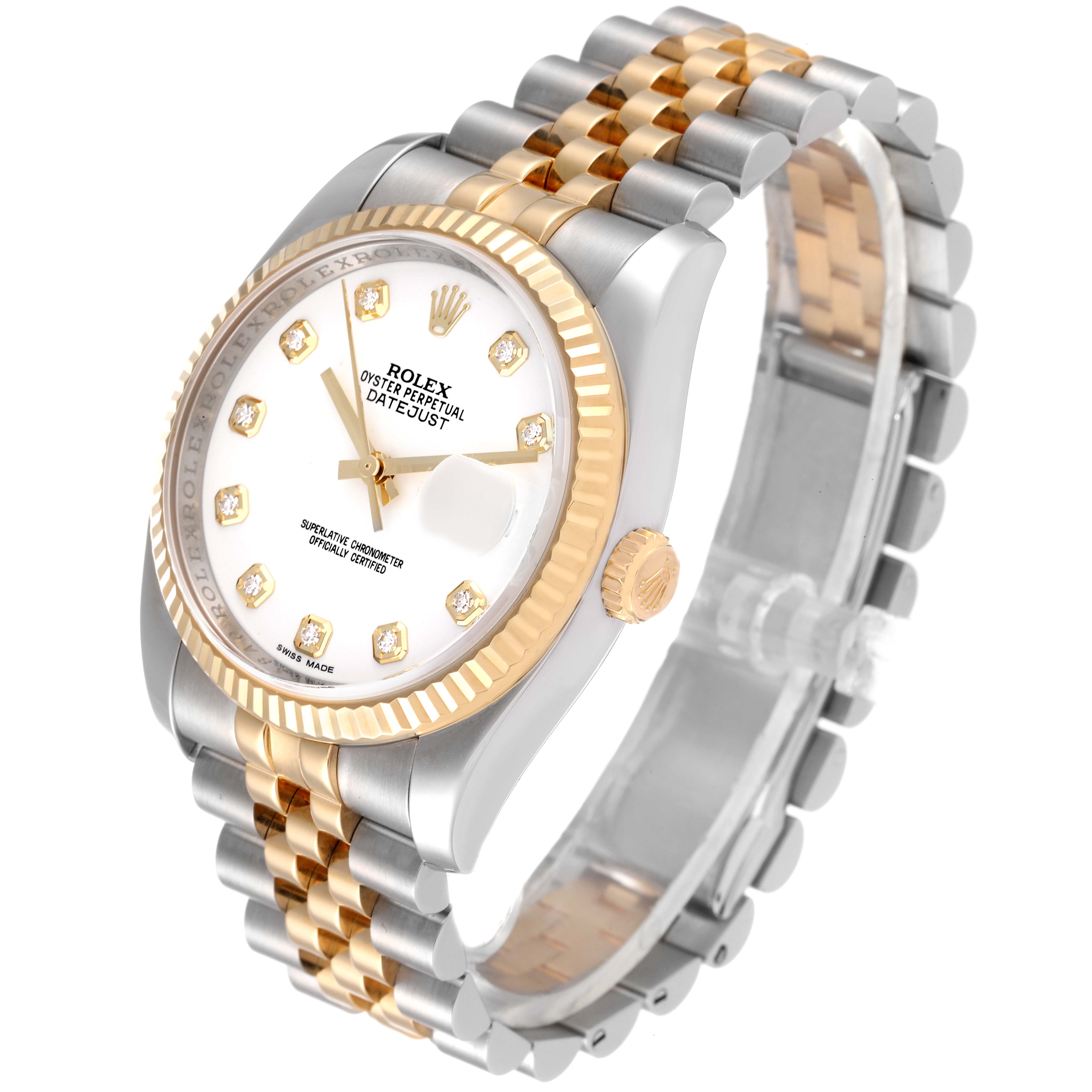 The image shows a Rolex Datejust 116233 Men's Steel and Gold (two tone) White Dial 116233 Men's Steel and Gold (two tone) White Dial watch from a slight side angle, highlighting the dial, bezel, crown, and two-tone bracelet.