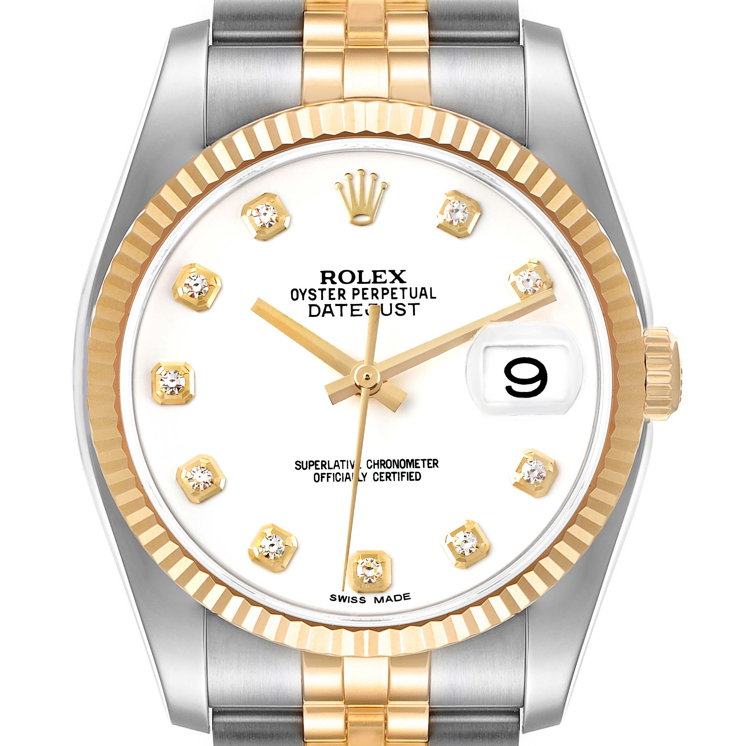 The image shows a frontal view of a Rolex Datejust 116233 Men's Steel and Gold (two tone) White Dial 116233 Men's Steel and Gold (two tone) White Dial watch, highlighting its dial, bezel, crown, and part of the bracelet.