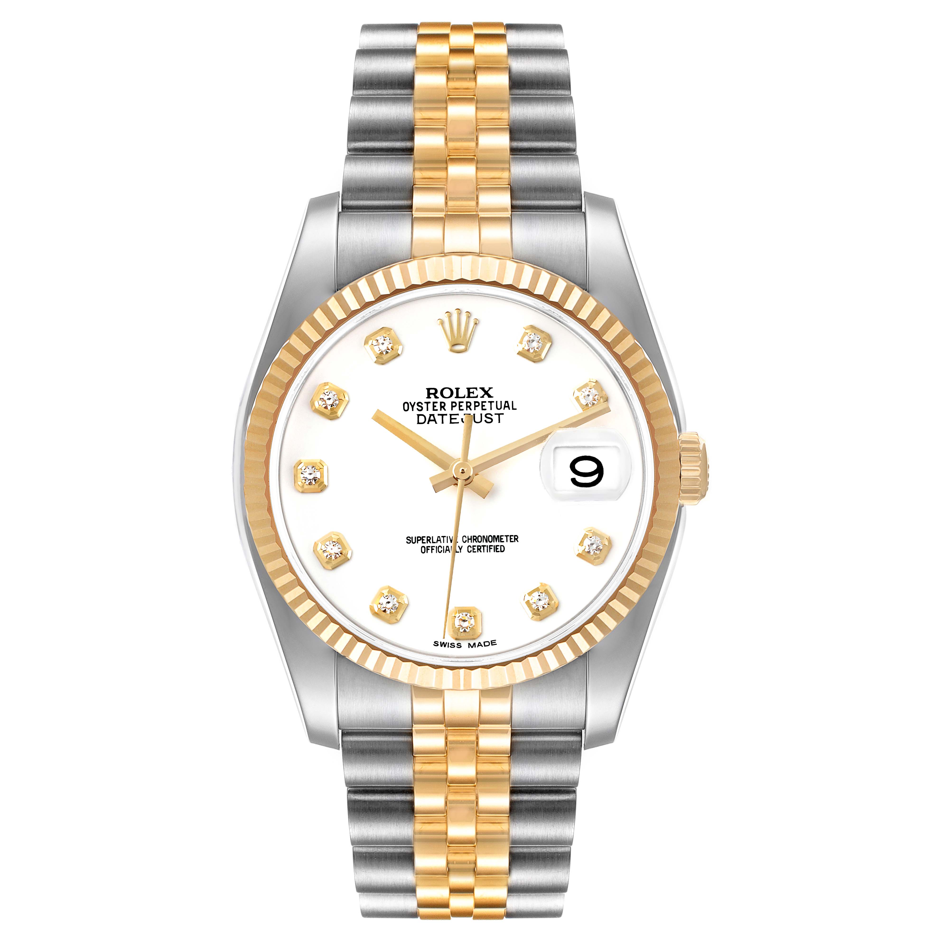 This Rolex Datejust 116233 Men's Steel and Gold (two tone) White Dial 116233 Men's Steel and Gold (two tone) White Dial watch is shown from the front, highlighting its face, bezel, and bracelet.