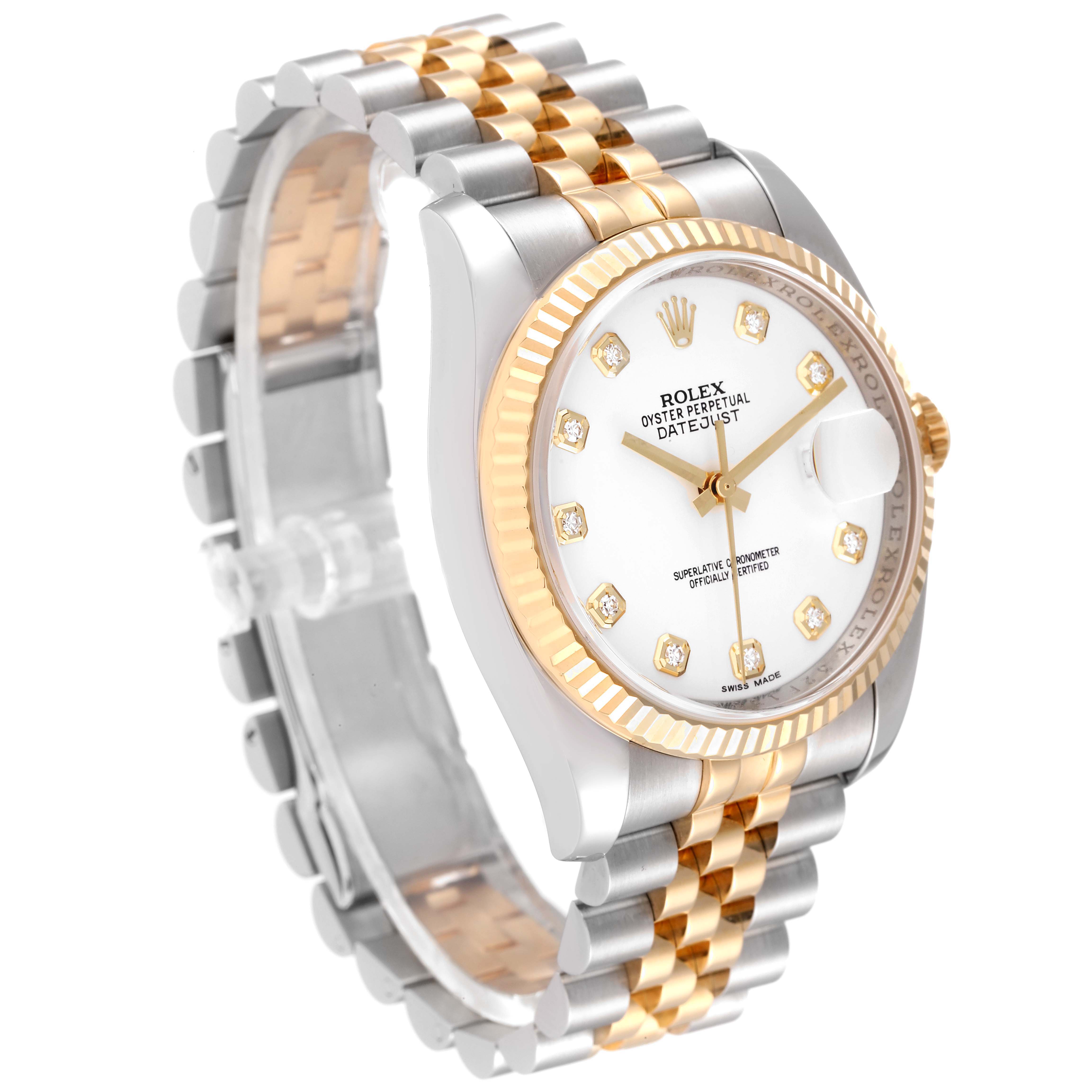 The Rolex Datejust 116233 Men's Steel and Gold (two tone) White Dial 116233 Men's Steel and Gold (two tone) White Dial model is shown at an angle highlighting its two-tone bracelet, fluted bezel, and diamond hour markers.