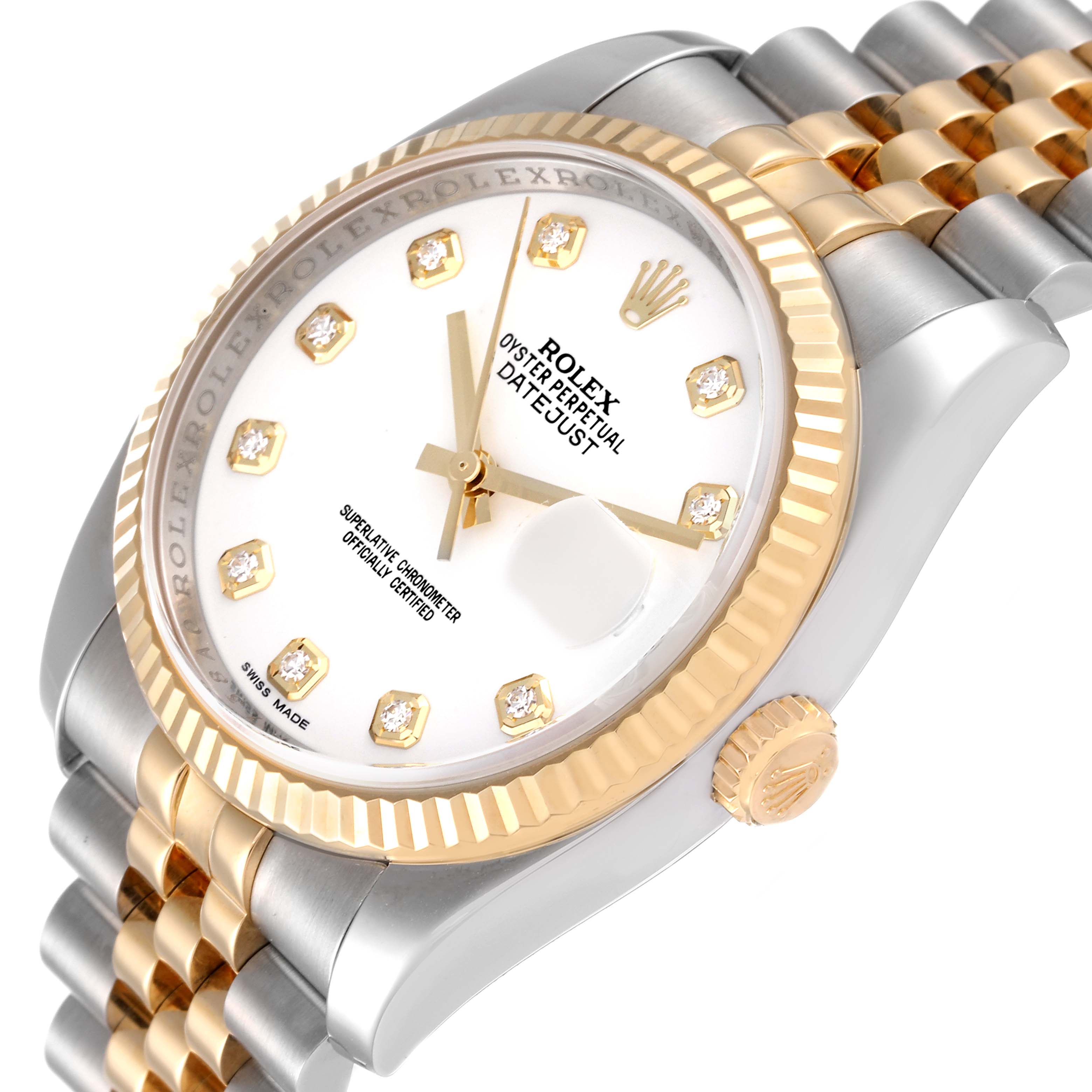 This image displays a close-up angle of a Rolex Datejust 116233 Men's Steel and Gold (two tone) White Dial 116233 Men's Steel and Gold (two tone) White Dial watch, highlighting the dial, bezel, crown, and part of the bracelet.