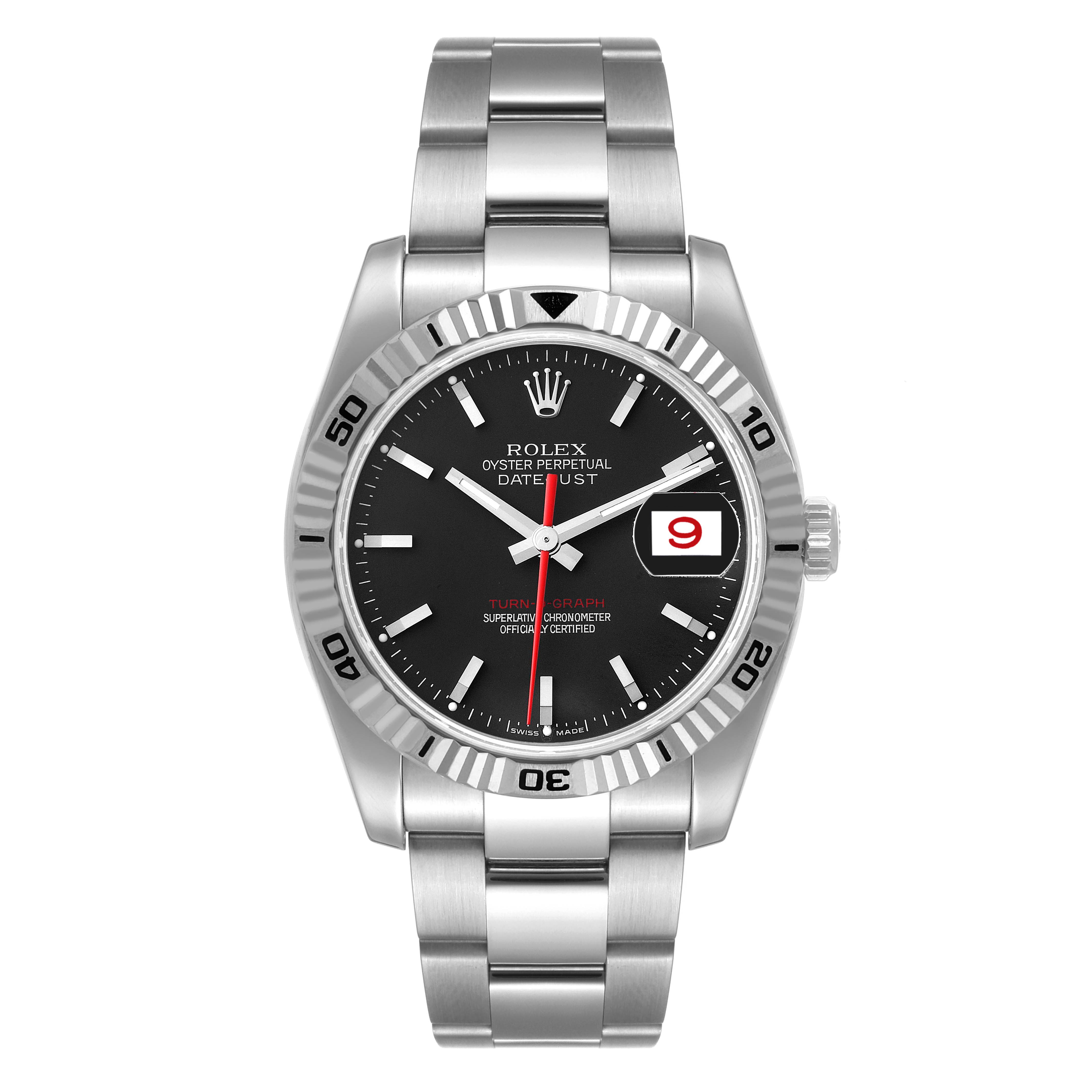 The Rolex Turn-o-Graph 116264 Men
s Stainless Steel Black Dial 116264 Men
s Stainless Steel Black Dial watch is shown from a front angle, displaying the face, bezel, crown, and bracelet.