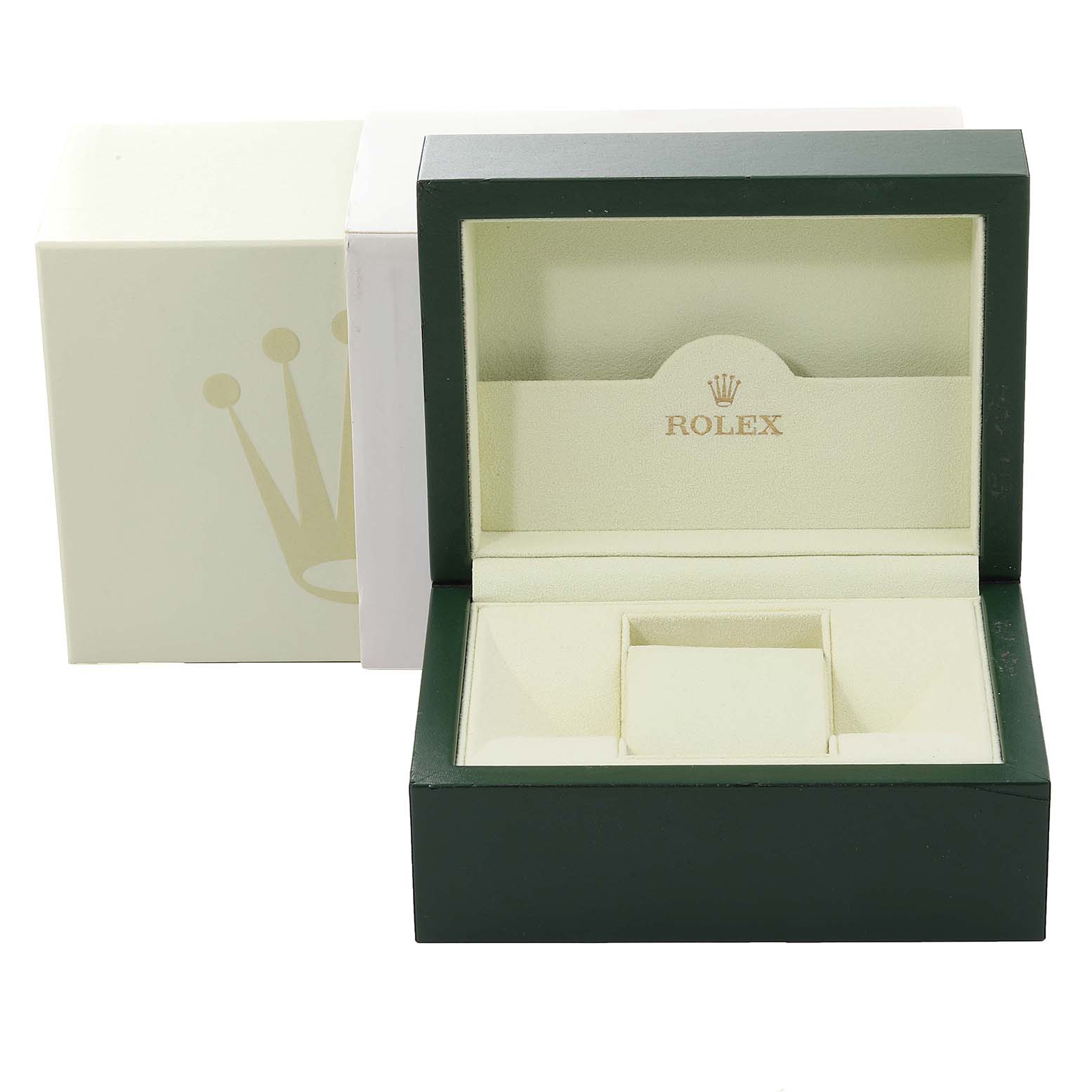 The image shows an open green Rolex watch box, with the Rolex logo, designed for the Turn-o-Graph model.