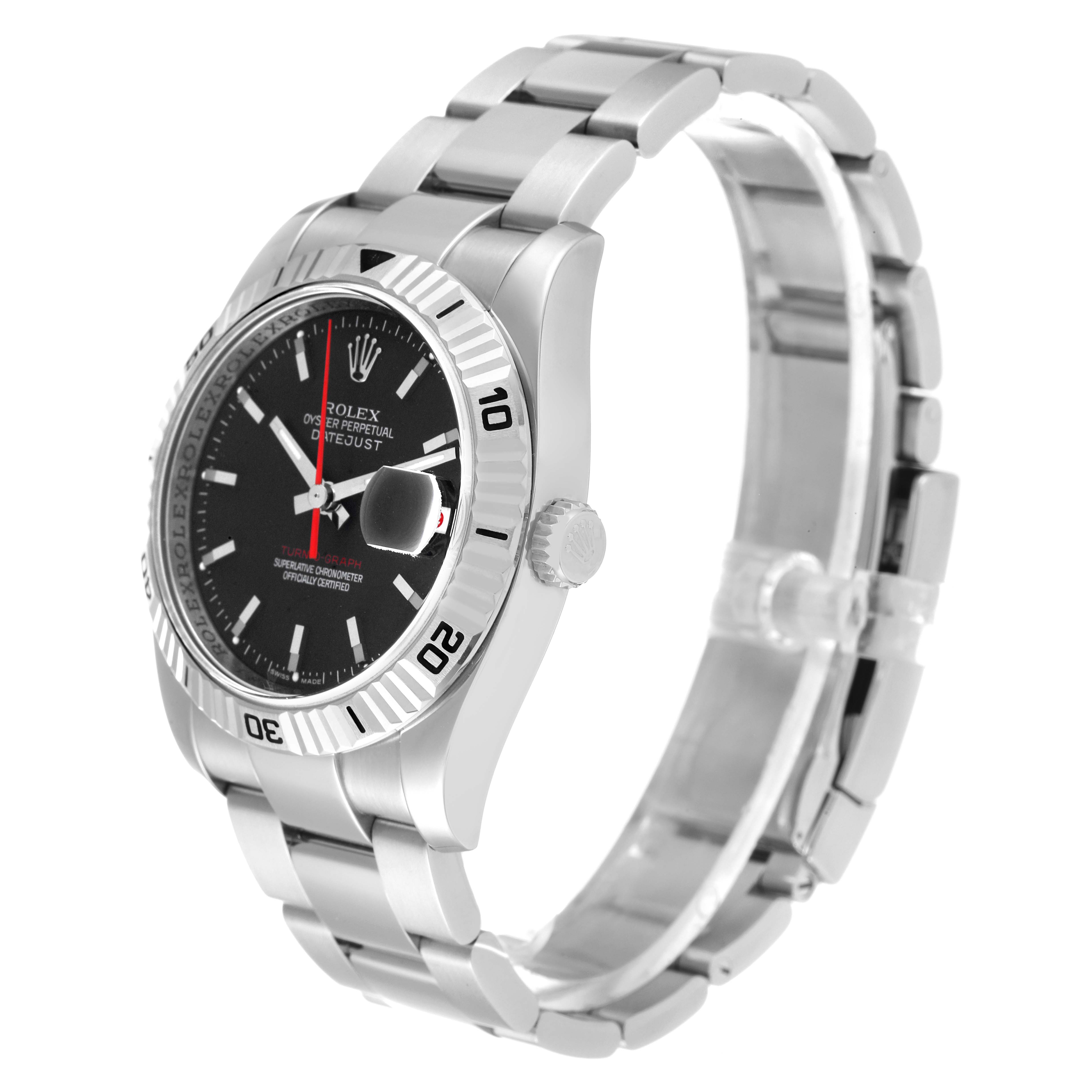 The image shows a side and front angle of the Rolex Turn-o-Graph 116264 Men
s Stainless Steel Black Dial 116264 Men
s Stainless Steel Black Dial watch, highlighting its black dial, fluted bezel, and metal bracelet.