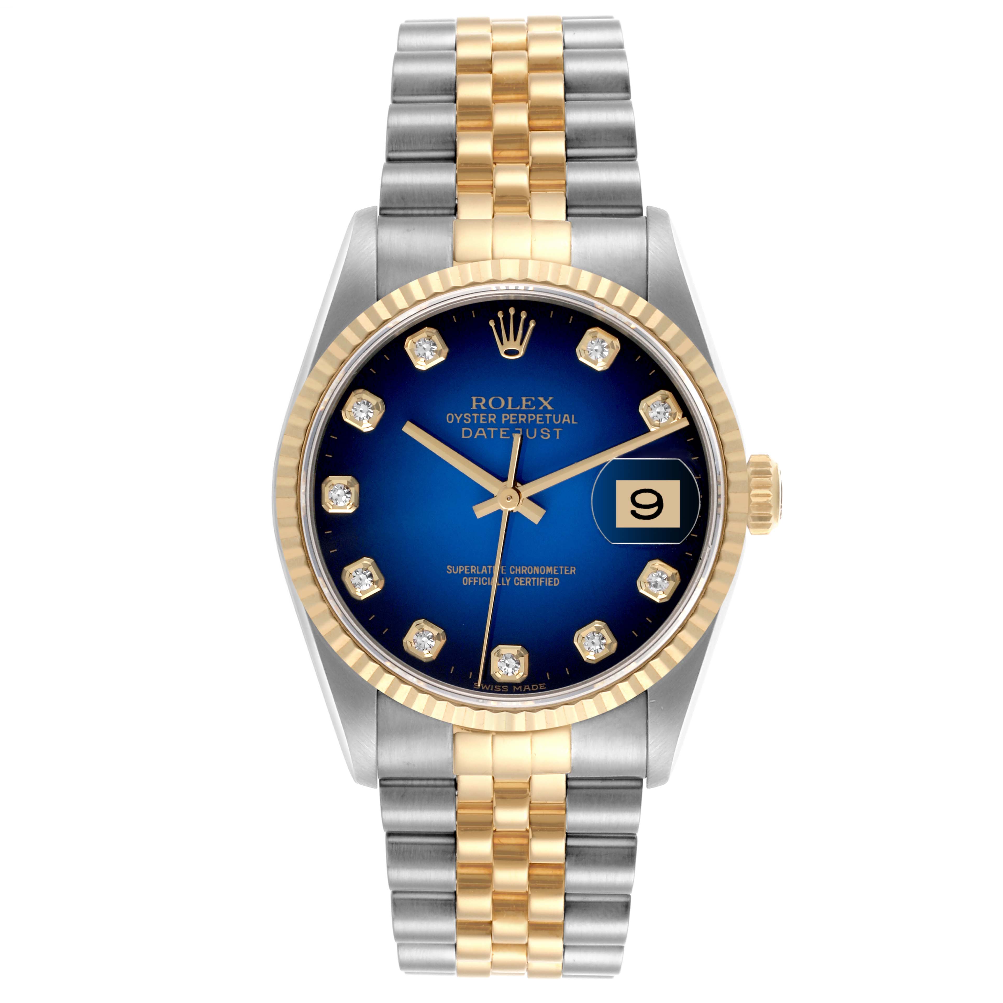 The Rolex Datejust 16233 Men's Steel and Gold (two tone) Blue Dial 16233 Men's Steel and Gold (two tone) Blue Dial is shown from a front angle, displaying the face, dial, bezel, and bracelet.