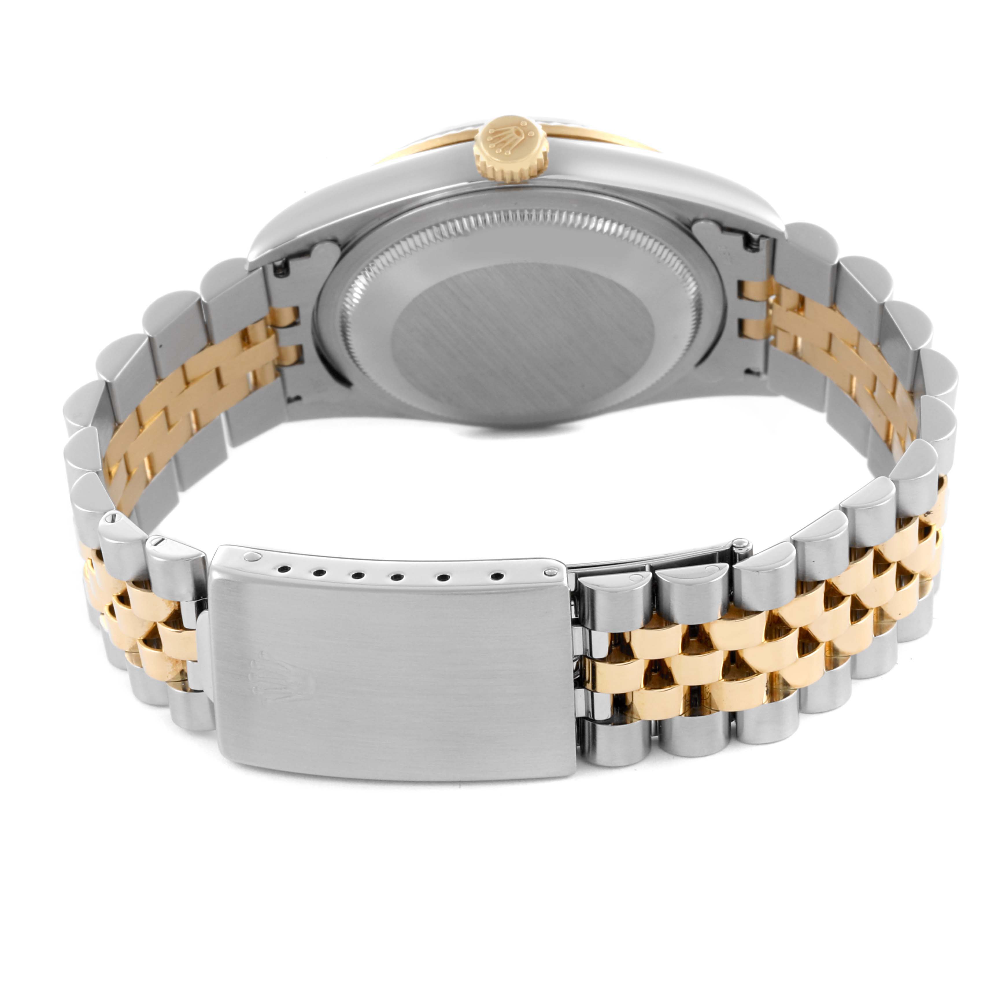 The Rolex Datejust 16233 Men's Steel and Gold (two tone) Blue Dial 16233 Men's Steel and Gold (two tone) Blue Dial watch is shown from the back, highlighting the case back, crown, and Jubilee bracelet clasp.