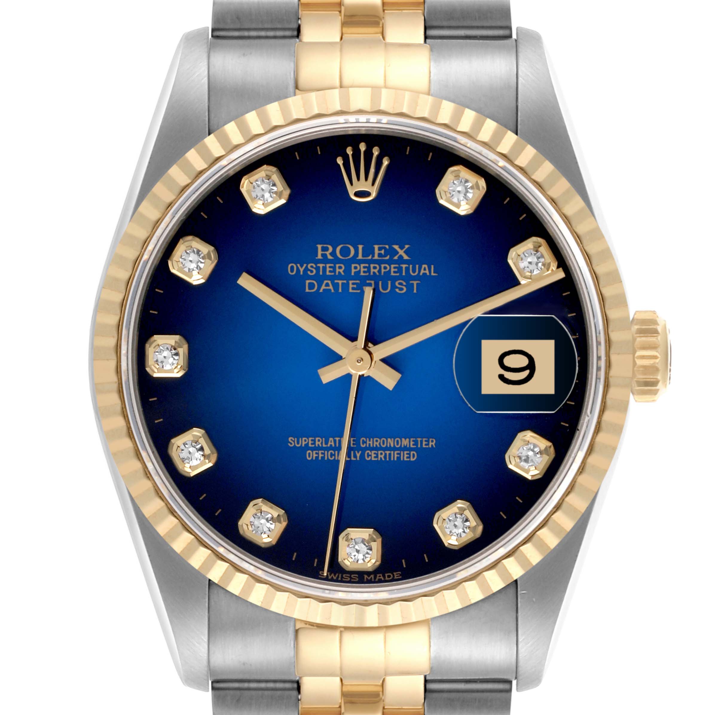The Rolex Datejust 16233 Men's Steel and Gold (two tone) Blue Dial 16233 Men's Steel and Gold (two tone) Blue Dial watch is shown from the front, highlighting its dial, bezel, crown, and part of the bracelet.