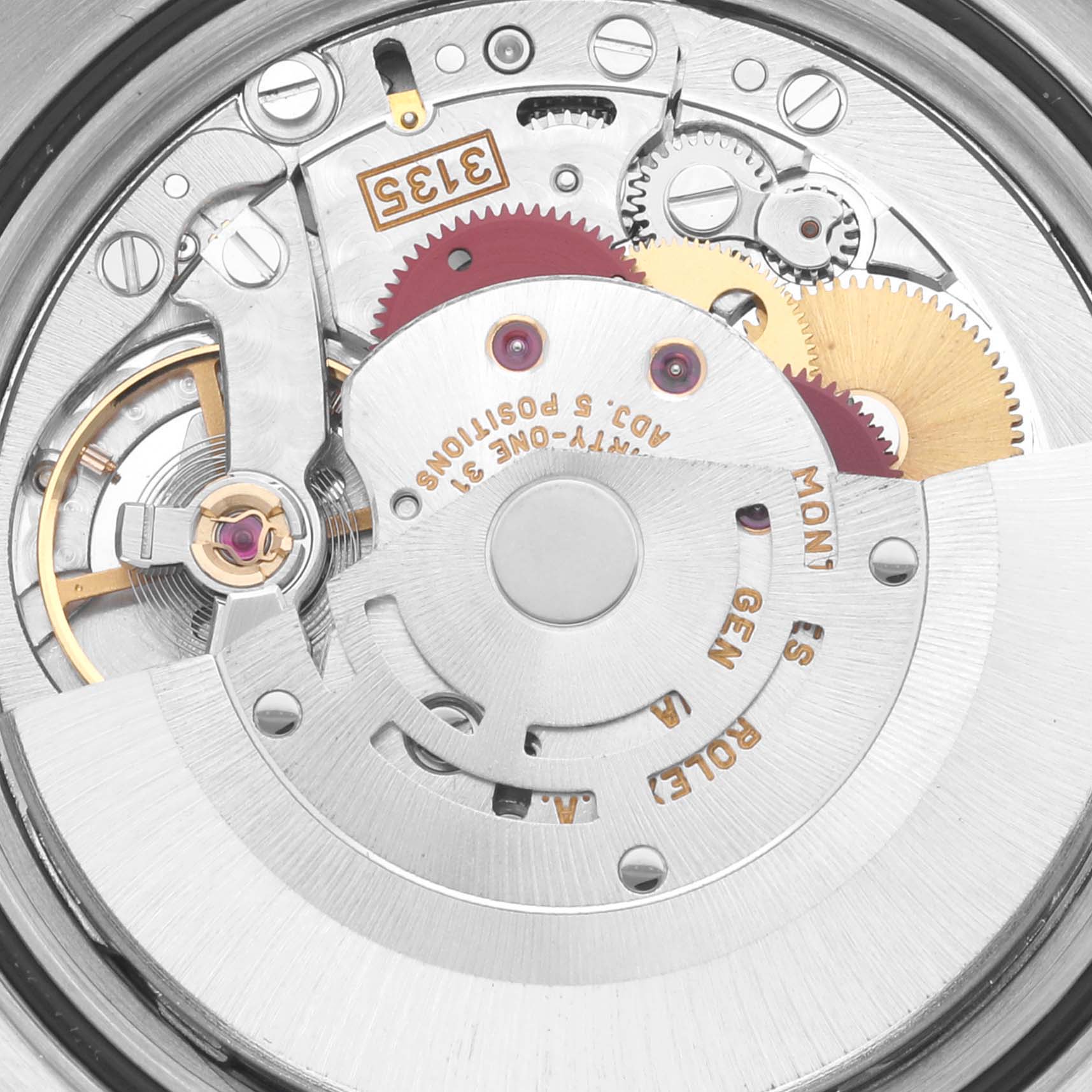 The image shows the internal mechanical movement of a Rolex Datejust 16233 Men's Steel and Gold (two tone) Blue Dial 16233 Men's Steel and Gold (two tone) Blue Dial watch, highlighting gears and the rotor from a close angle.