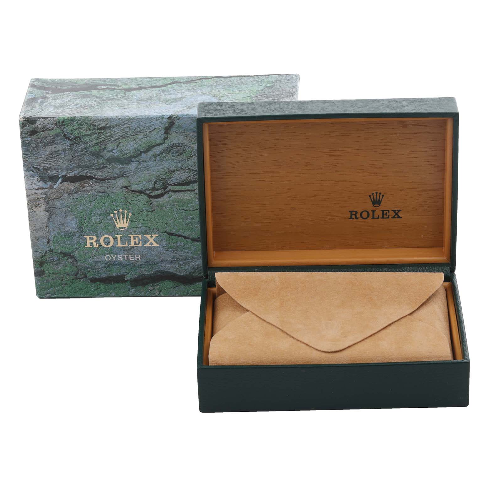 The image shows the open box for a Rolex Datejust 16233 Men's Steel and Gold (two tone) Blue Dial 16233 Men's Steel and Gold (two tone) Blue Dial watch, featuring the outer packaging and inner cushioned compartment.