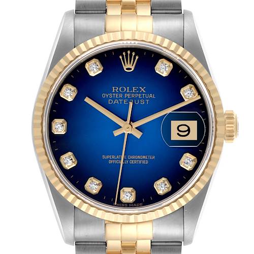 The Rolex Datejust is shown from the front, highlighting the blue dial, gold markers, fluted bezel, and part of the bracelet.