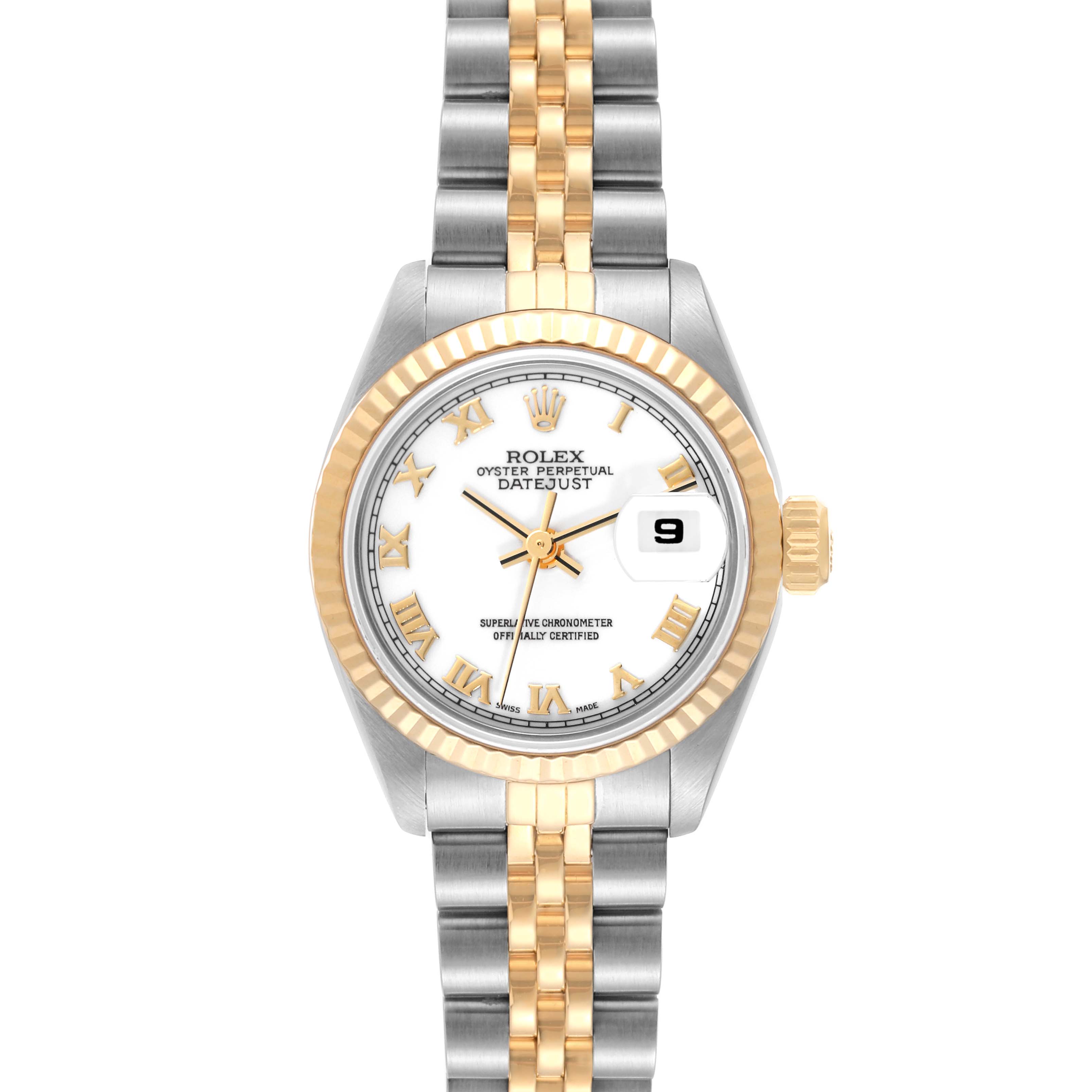 This Rolex Datejust 69173 Women's Steel and Gold (two tone) White Dial 69173 Women's Steel and Gold (two tone) White Dial model is shown from a front angle, displaying its face, bezel, and two-tone bracelet.