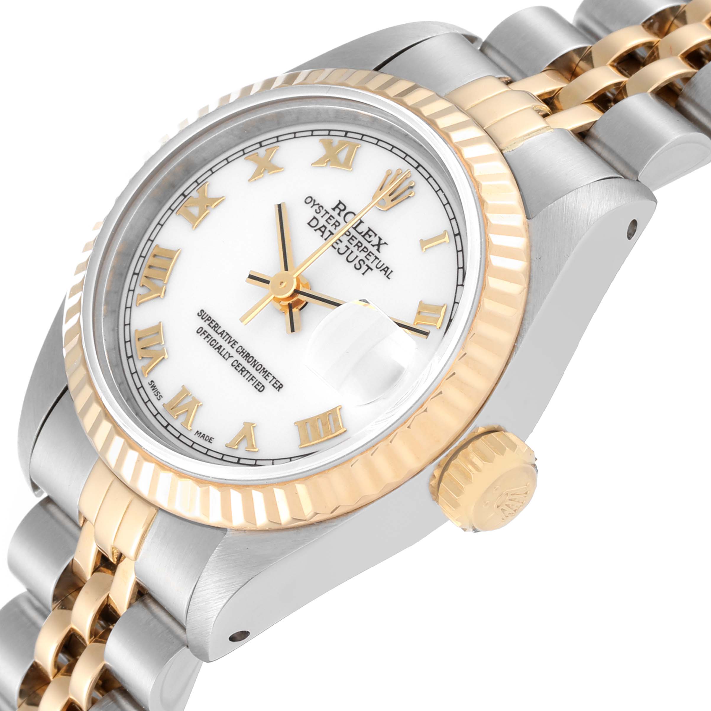The image shows a Rolex Datejust 69173 Women's Steel and Gold (two tone) White Dial 69173 Women's Steel and Gold (two tone) White Dial watch at a slight angle, showcasing its white dial, gold Roman numerals, and fluted bezel with a two-tone bracelet.