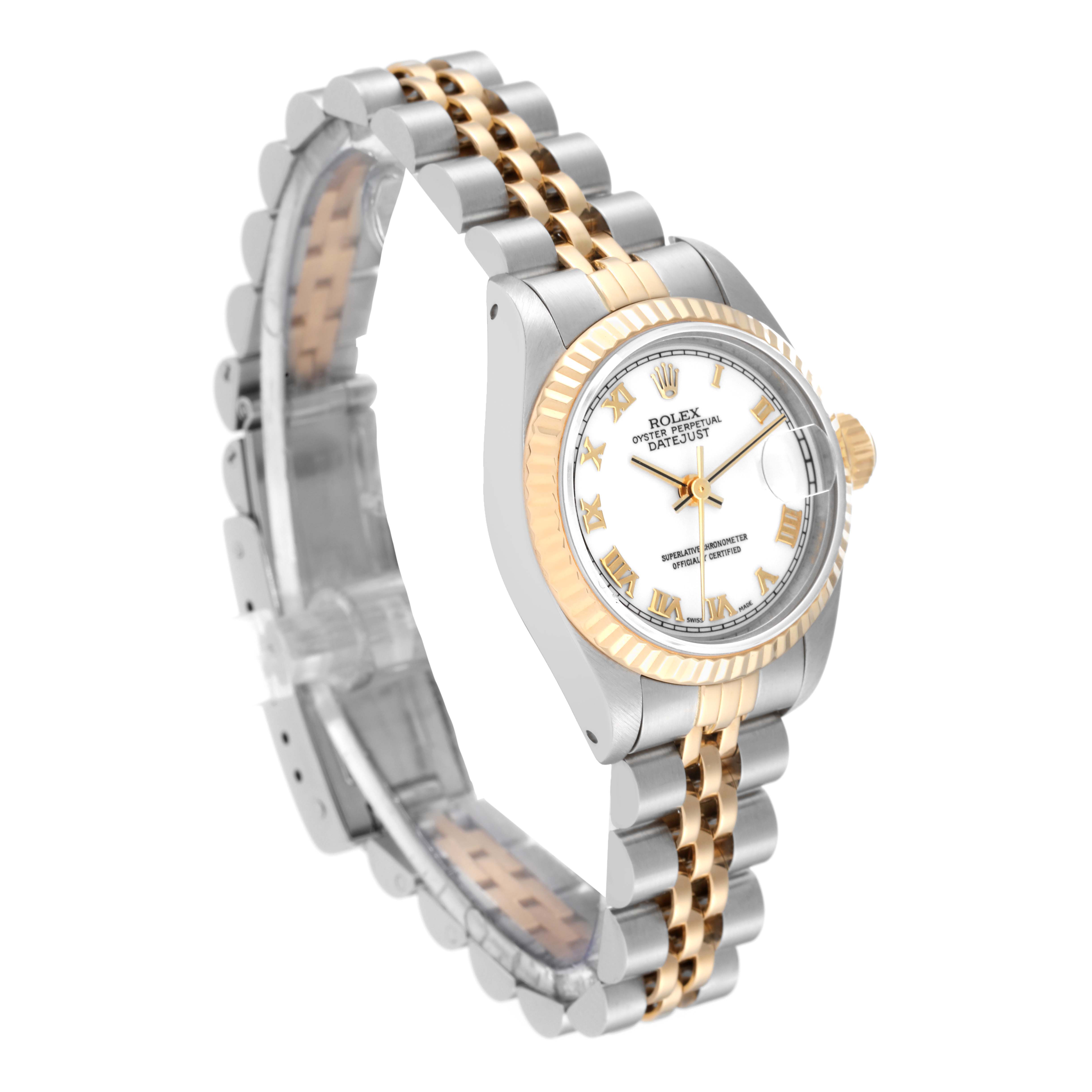 This image shows a Rolex Datejust 69173 Women's Steel and Gold (two tone) White Dial 69173 Women's Steel and Gold (two tone) White Dial watch at a slight side angle, highlighting its bracelet, fluted bezel, and dial.