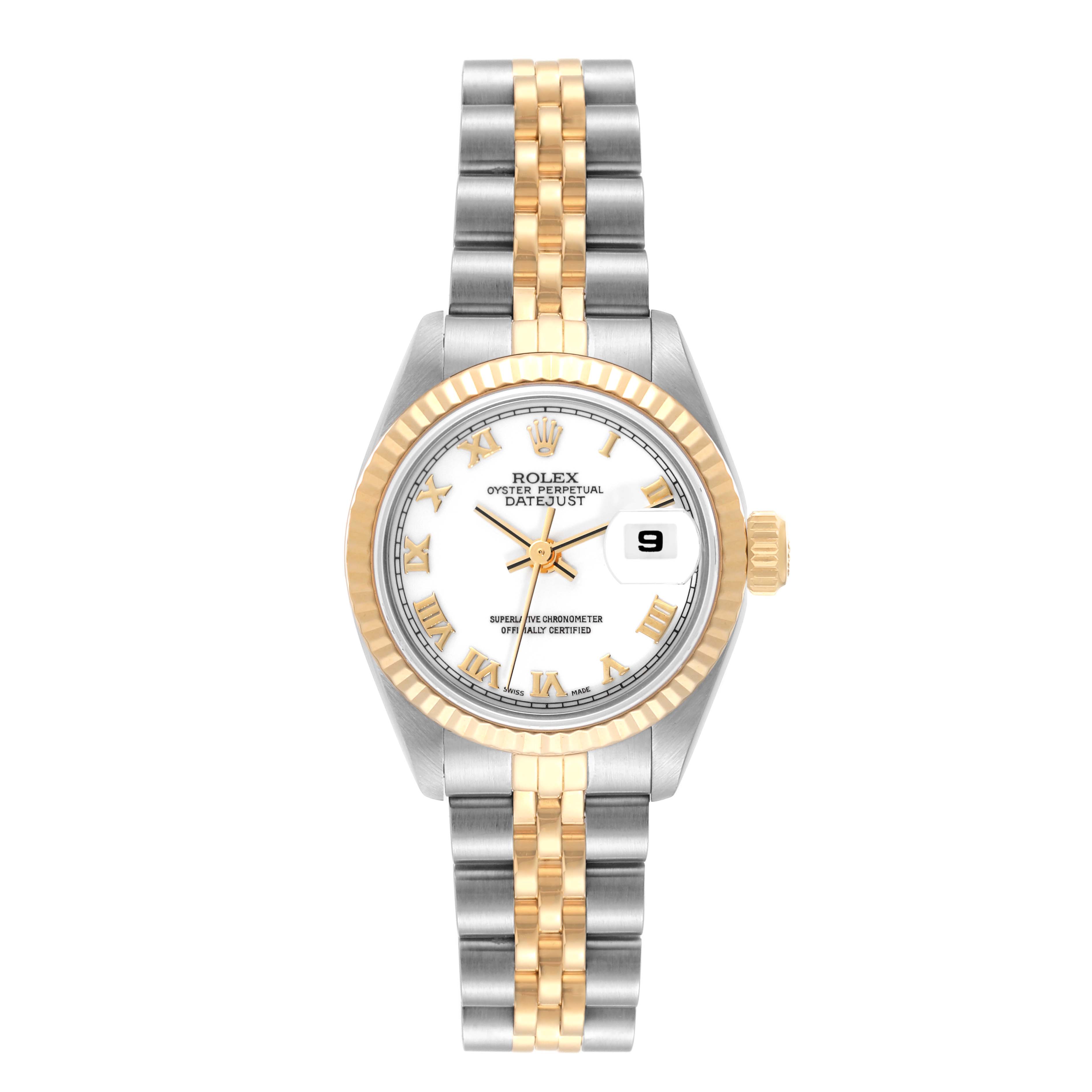 This image shows a Rolex Datejust 69173 Women's Steel and Gold (two tone) White Dial 69173 Women's Steel and Gold (two tone) White Dial watch from a straight-on angle, highlighting the face, bezel, and two-tone bracelet.