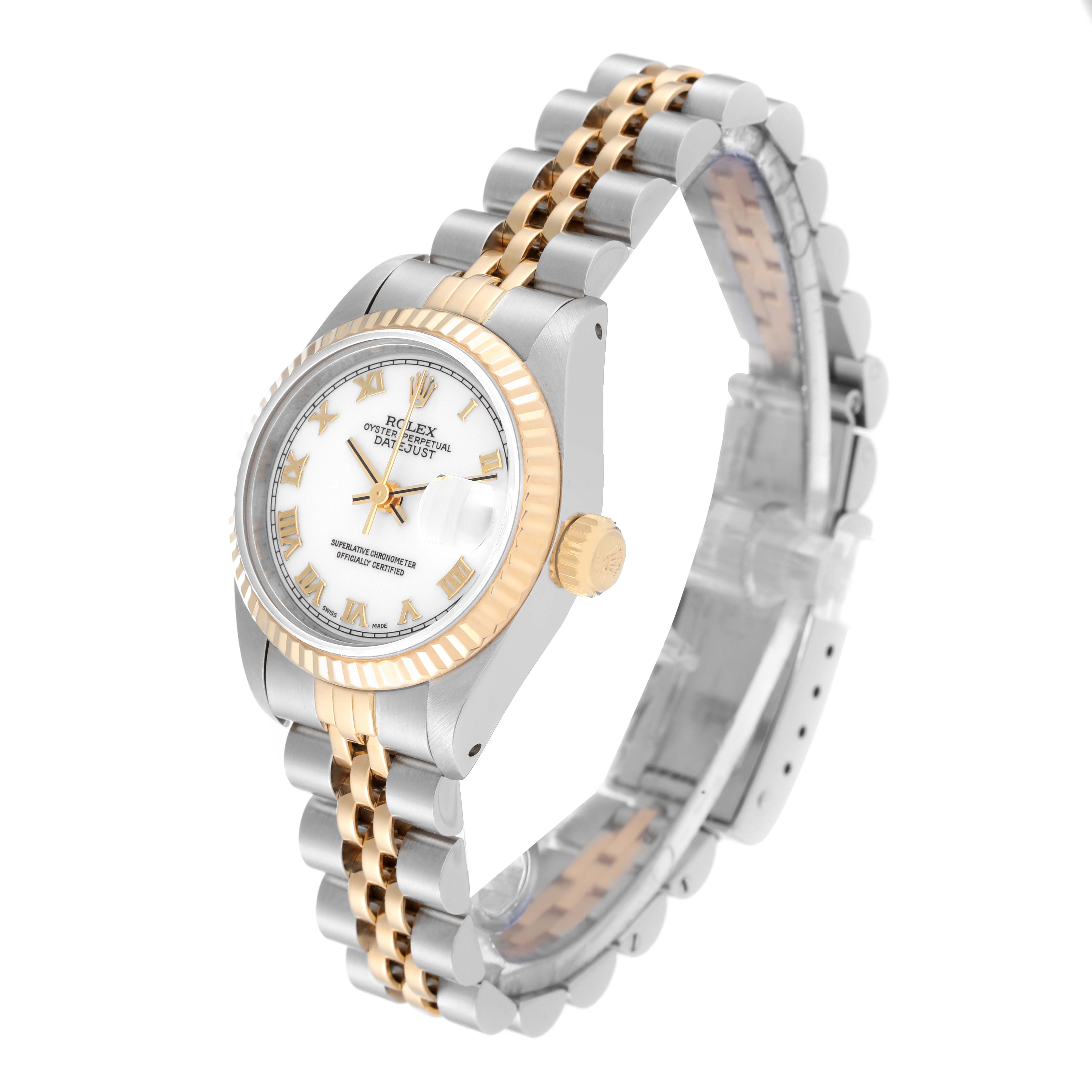 The image shows a Rolex Datejust 69173 Women's Steel and Gold (two tone) White Dial 69173 Women's Steel and Gold (two tone) White Dial watch angled to display the face, bezel, crown, and two-tone bracelet.