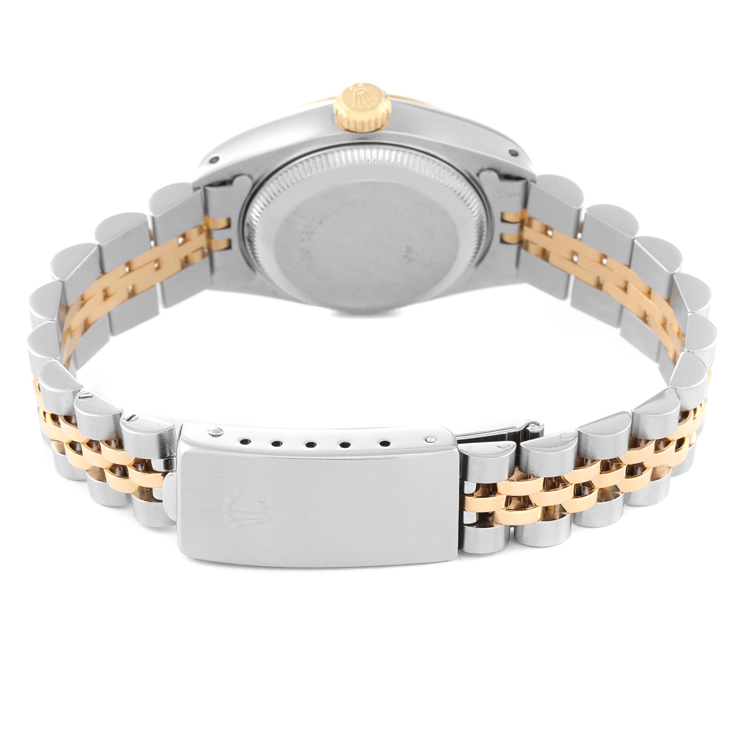 The image shows the back view of a Rolex Datejust 69173 Women's Steel and Gold (two tone) White Dial 69173 Women's Steel and Gold (two tone) White Dial watch, highlighting its bi-color bracelet and clasp.