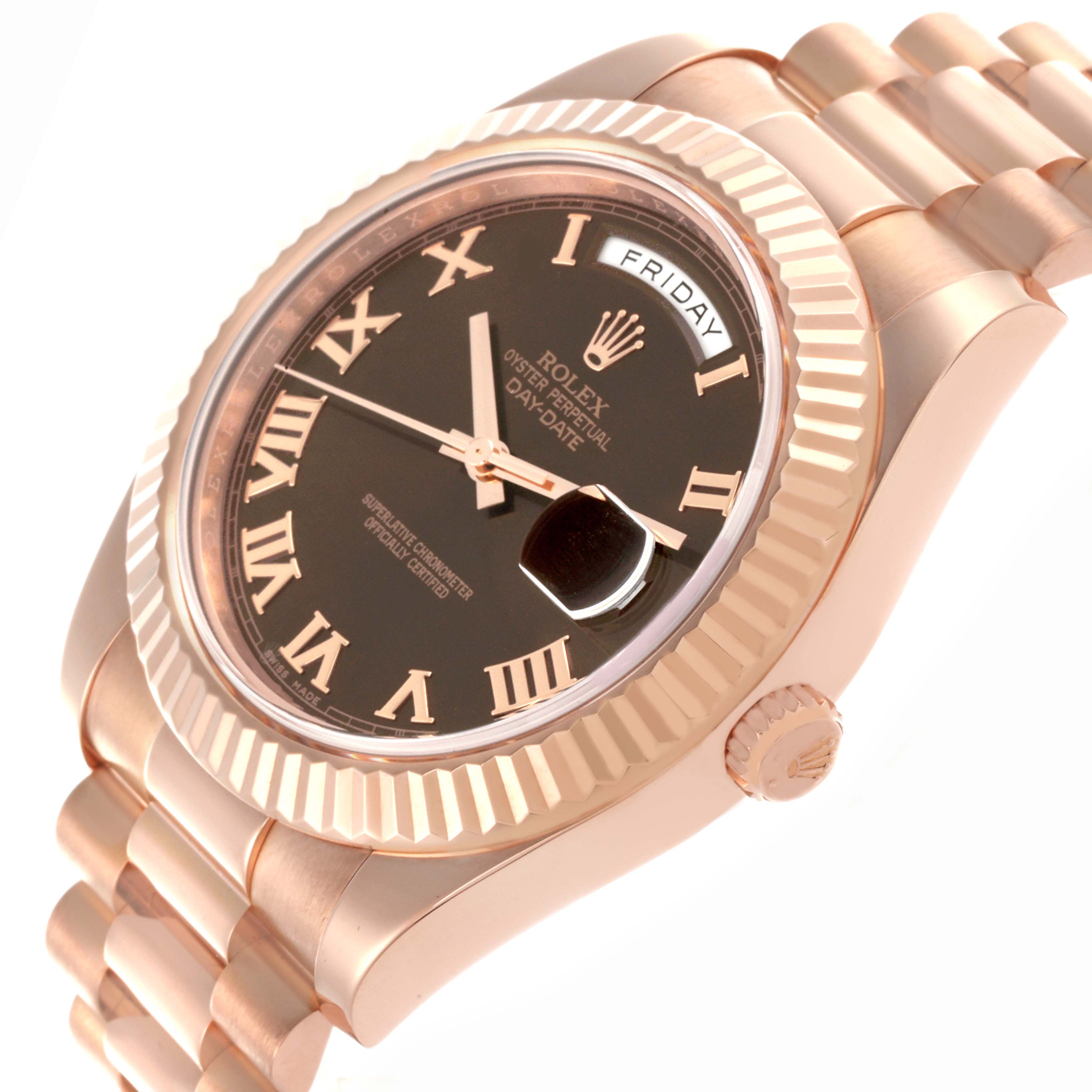 The Rolex President 218235 Men's Rose Gold Brown Dial 218235 Men's Rose Gold Brown Dial model is shown at an angled view, highlighting the dial, fluted bezel, and part of the bracelet.
