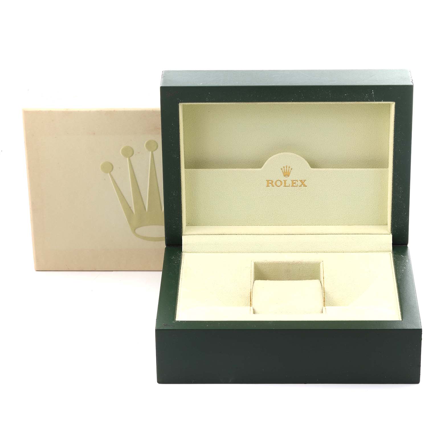 The image shows an open Rolex President 218235 Men's Rose Gold Brown Dial 218235 Men's Rose Gold Brown Dial model watch box from a front angle, with a display cushion and branded interior.