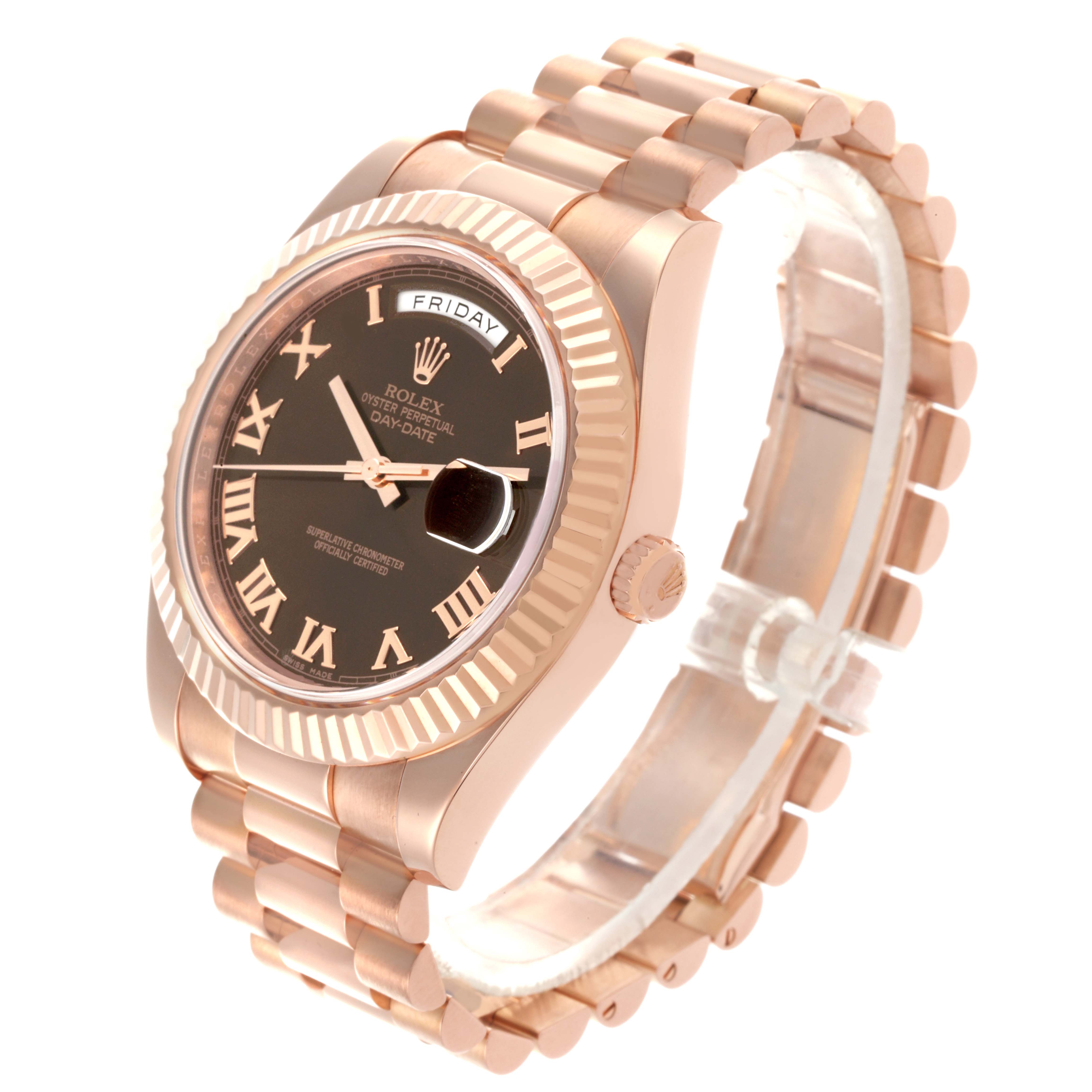 The Rolex President 218235 Men's Rose Gold Brown Dial 218235 Men's Rose Gold Brown Dial model is shown at an angle displaying the face, bezel, and bracelet.
