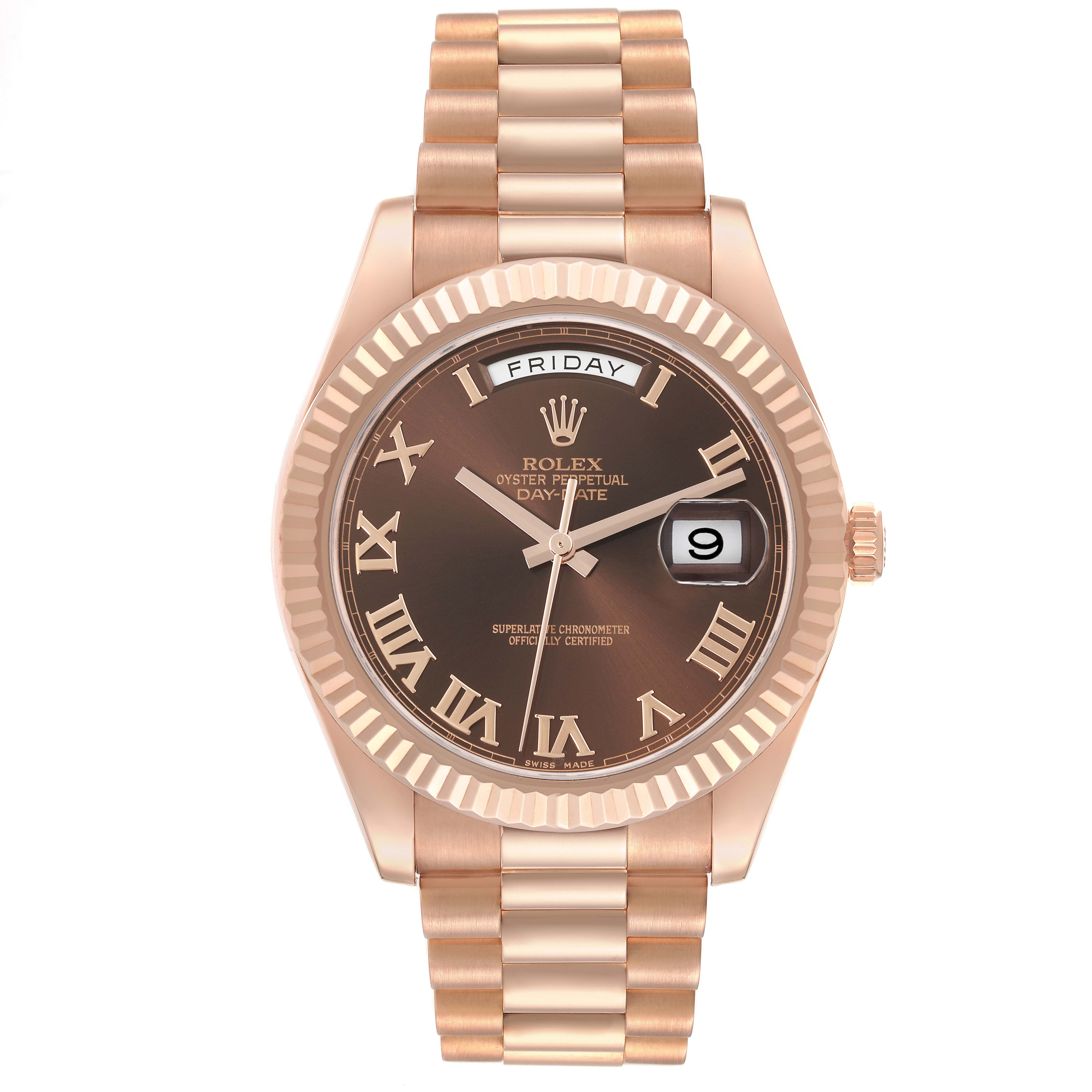 The Rolex President 218235 Men's Rose Gold Brown Dial 218235 Men's Rose Gold Brown Dial model watch is shown from the front, highlighting the face, day-date display, and bracelet.