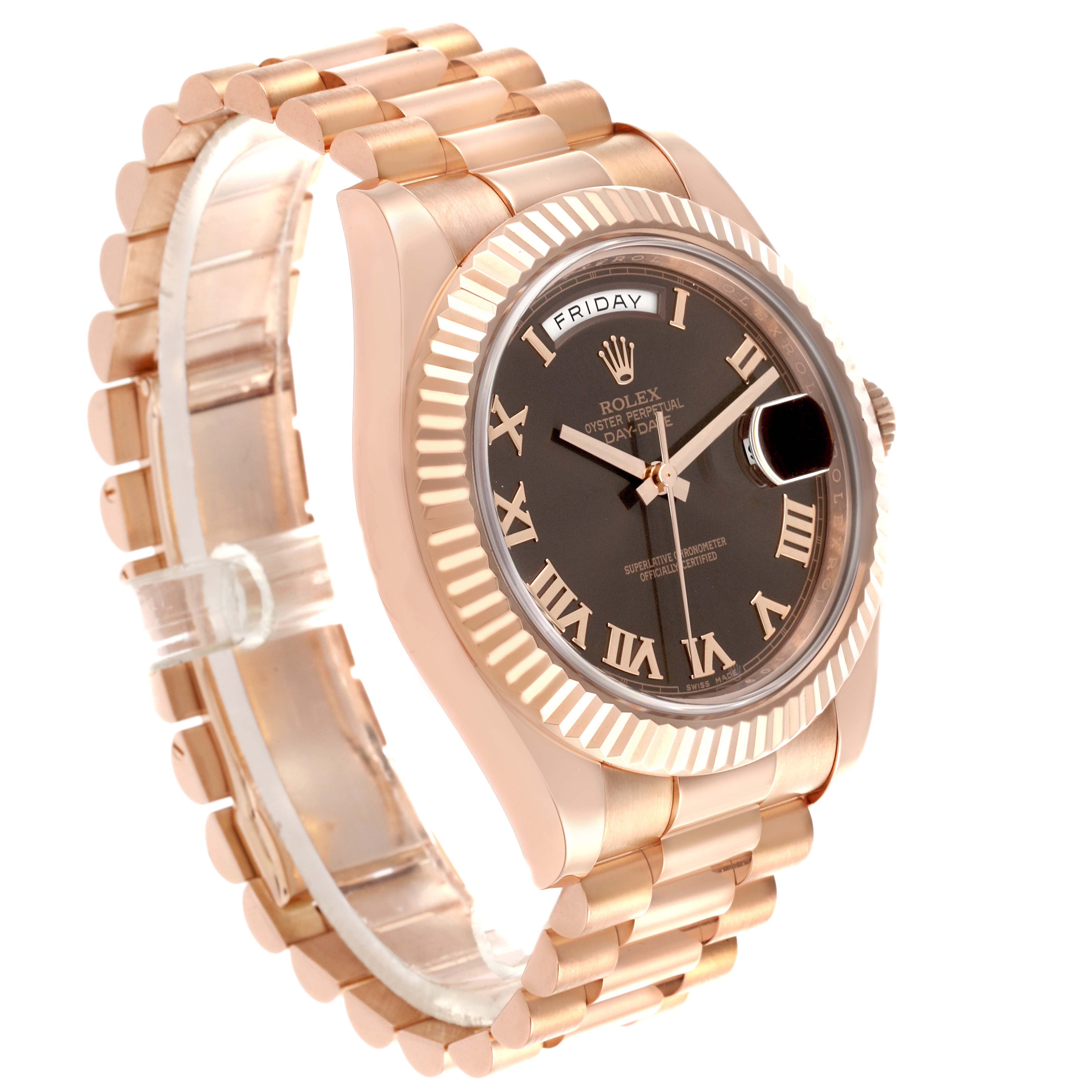 The Rolex President 218235 Men's Rose Gold Brown Dial 218235 Men's Rose Gold Brown Dial watch is shown at a three-quarter angle, displaying the face, bezel, and bracelet.