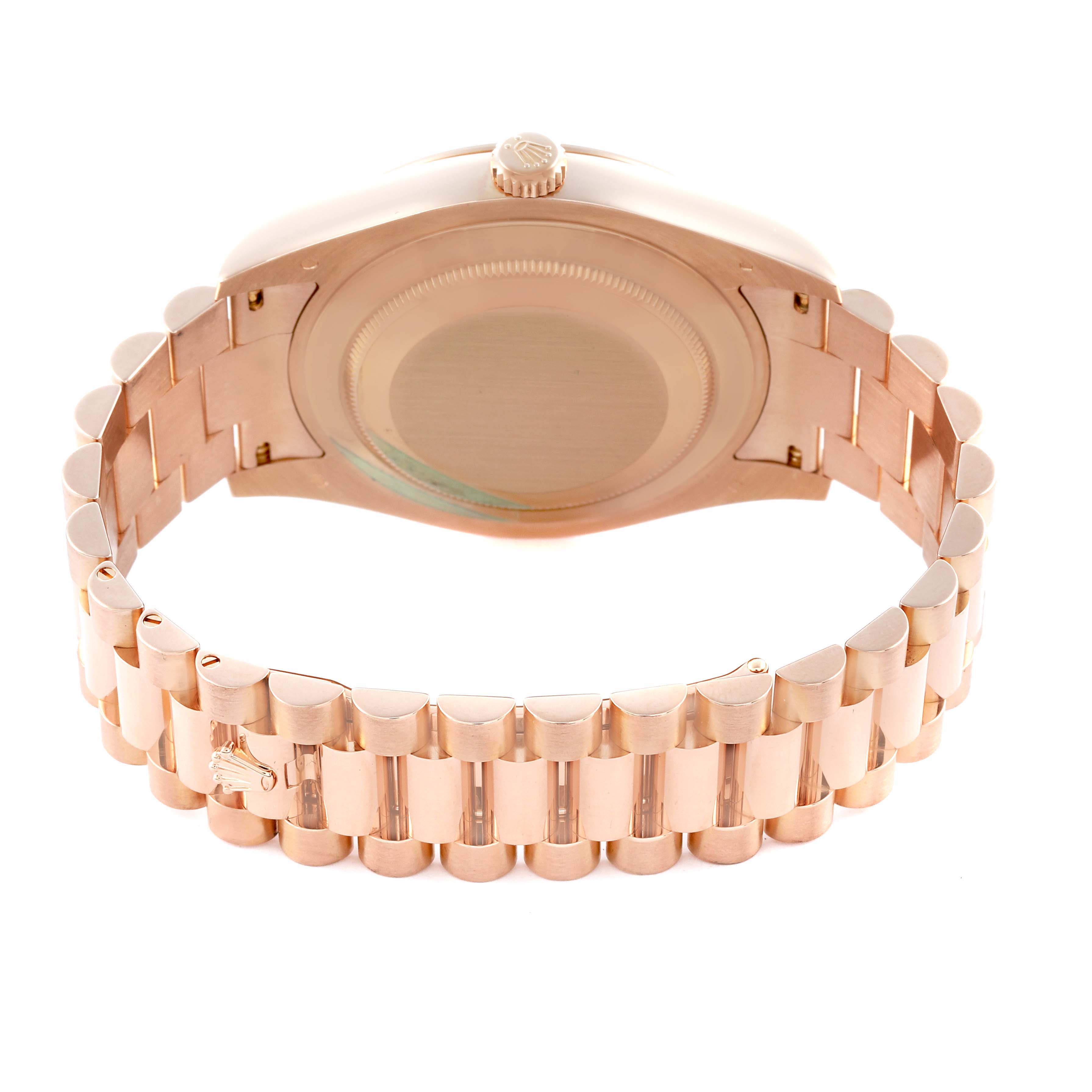 The image shows the back case and bracelet of a Rolex President 218235 Men's Rose Gold Brown Dial 218235 Men's Rose Gold Brown Dial model from a rear angle.
