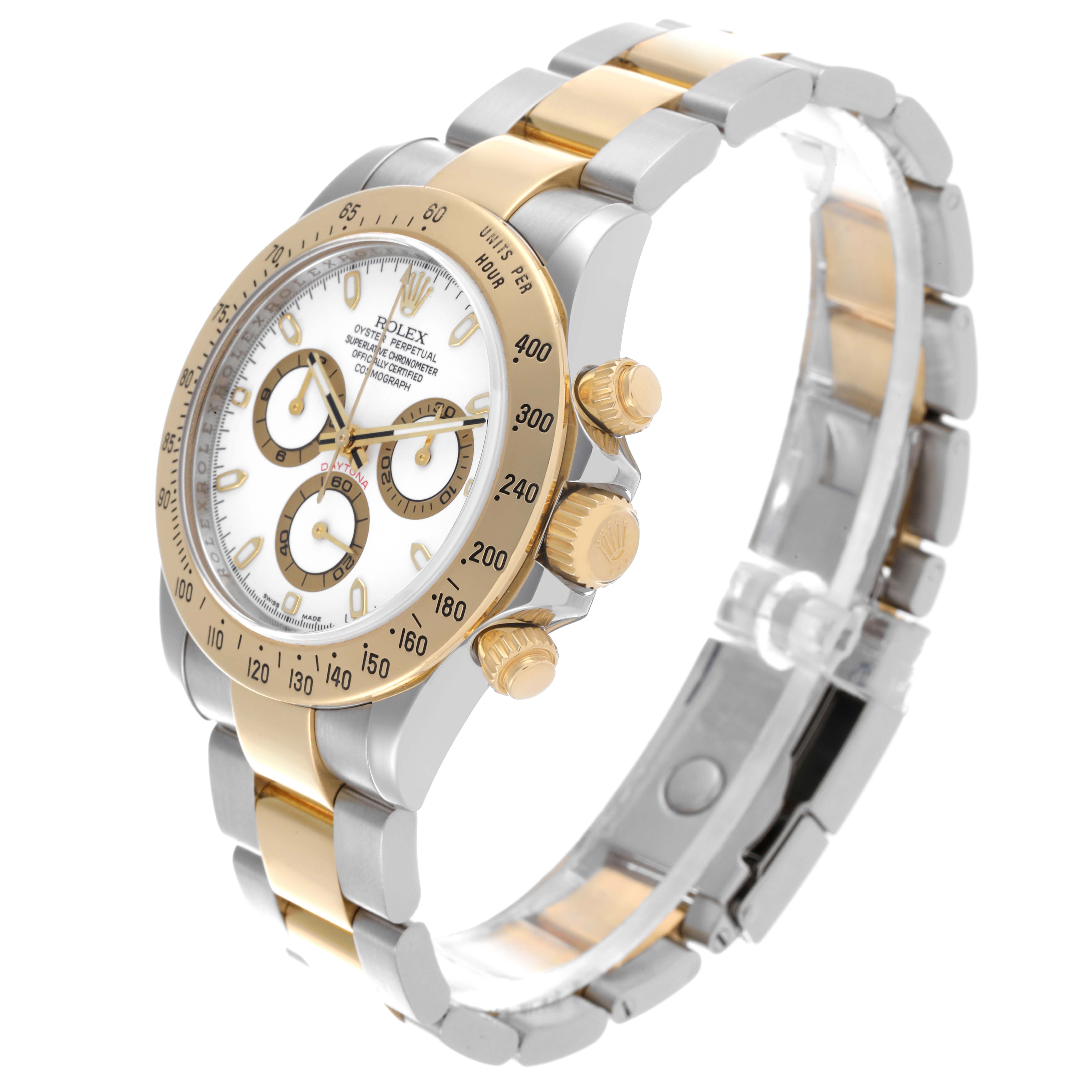 The Rolex Daytona 116523 Men's Steel and Gold (two tone) White Dial 116523 Men's Steel and Gold (two tone) White Dial watch is shown at a 3/4 angle, highlighting the bezel, dial, crown, and bracelet.