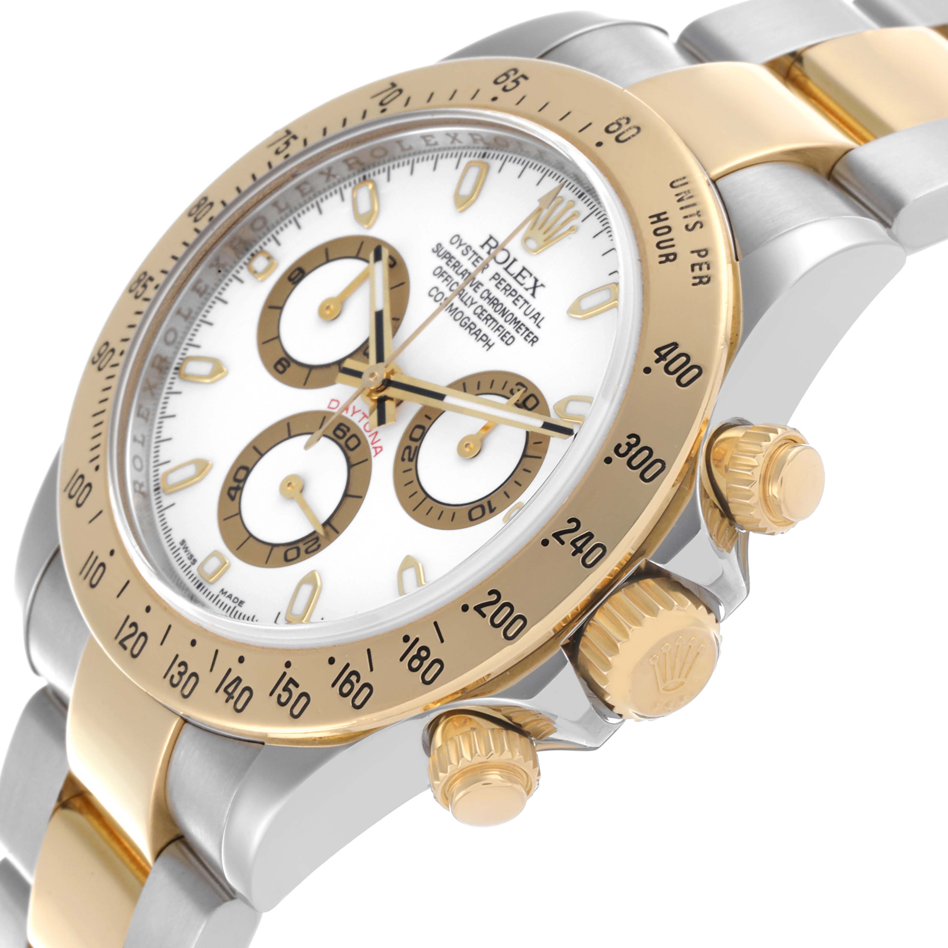 The Rolex Daytona 116523 Men's Steel and Gold (two tone) White Dial 116523 Men's Steel and Gold (two tone) White Dial watch is shown at an angle highlighting the face, bezel, pushers, and bracelet.