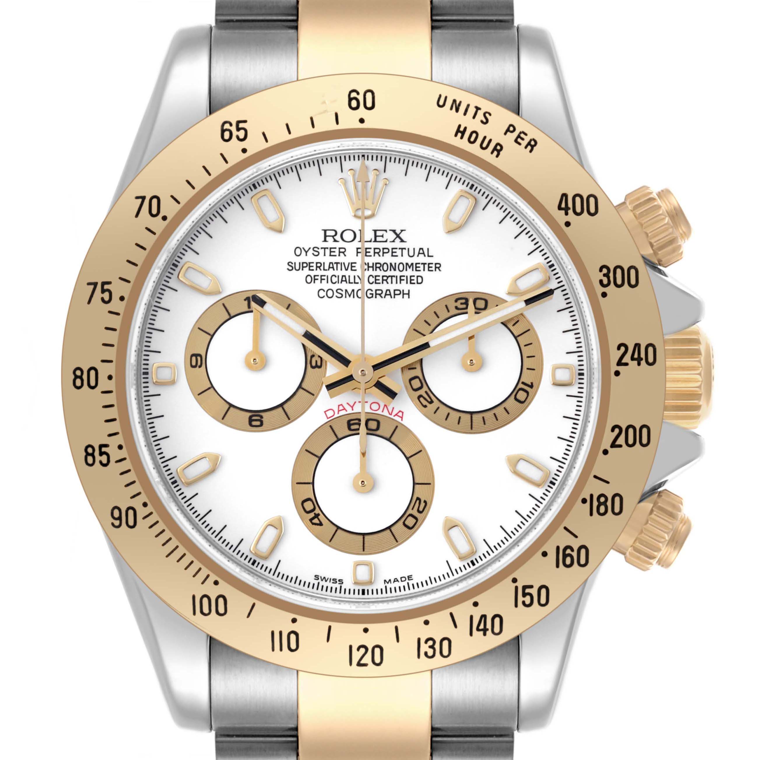 The image shows a frontal view of a Rolex Daytona 116523 Men's Steel and Gold (two tone) White Dial 116523 Men's Steel and Gold (two tone) White Dial watch, highlighting the dial, sub-dials, and bezel.