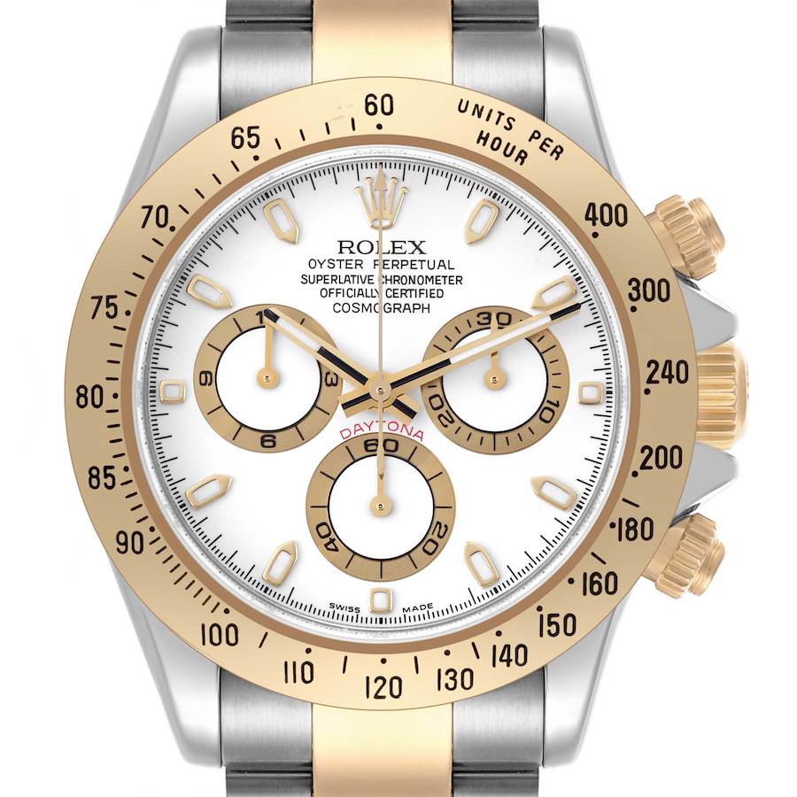 The image shows a frontal view of a Rolex Daytona watch, highlighting the dial, sub-dials, and bezel.