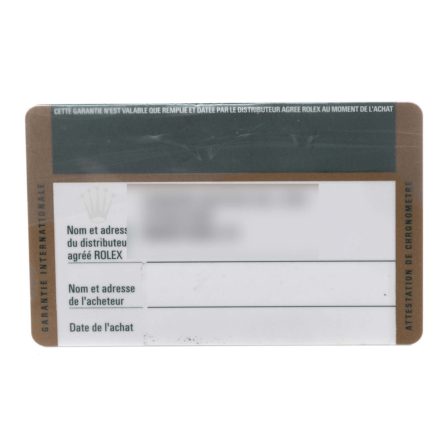 The image shows a warranty card for a Rolex Daytona 116523 Men's Steel and Gold (two tone) White Dial 116523 Men's Steel and Gold (two tone) White Dial watch, featuring the brand name and spaces for information.