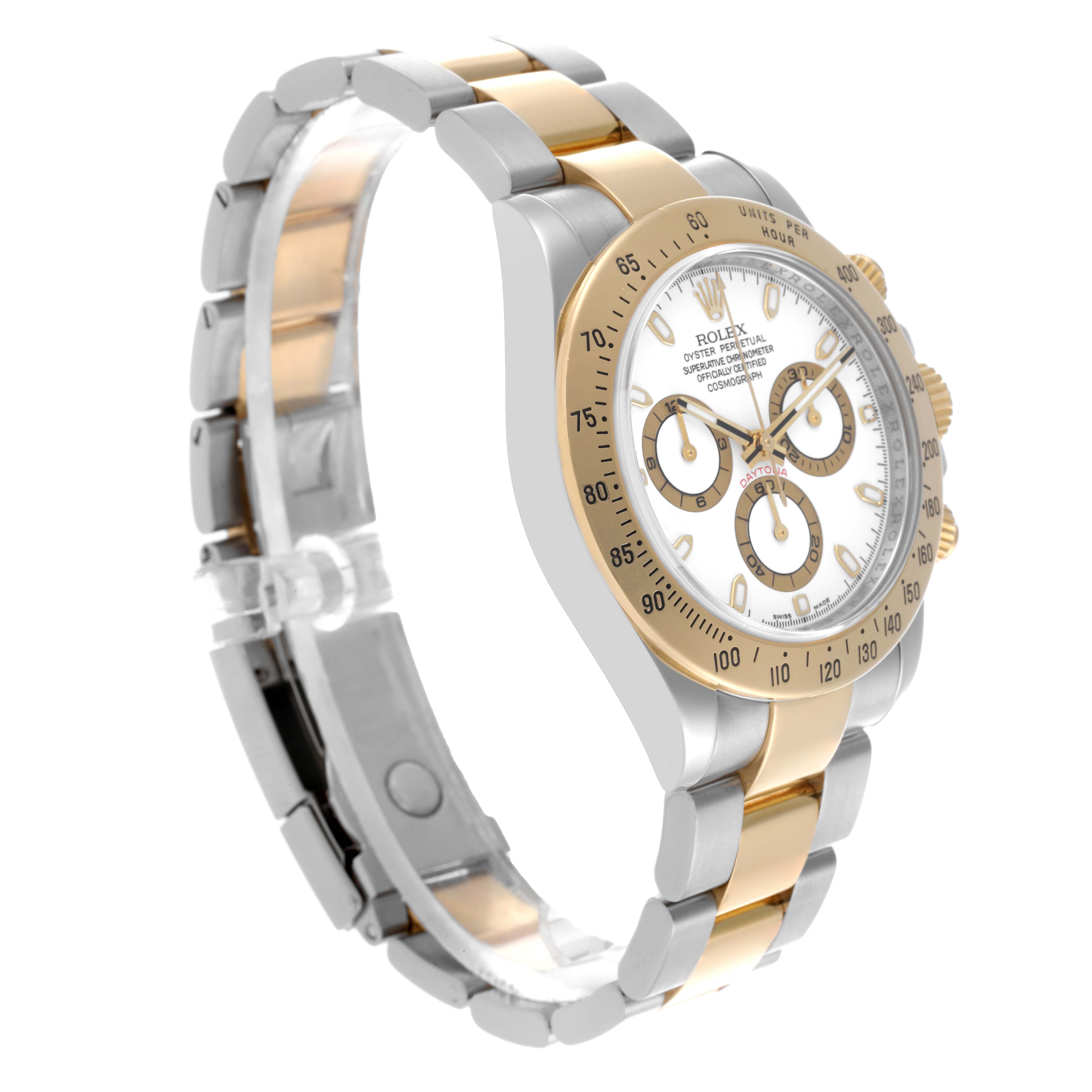 The Rolex Daytona 116523 Men's Steel and Gold (two tone) White Dial 116523 Men's Steel and Gold (two tone) White Dial watch is shown at a slight angle, highlighting the face, bezel, pushers, and two-tone bracelet.