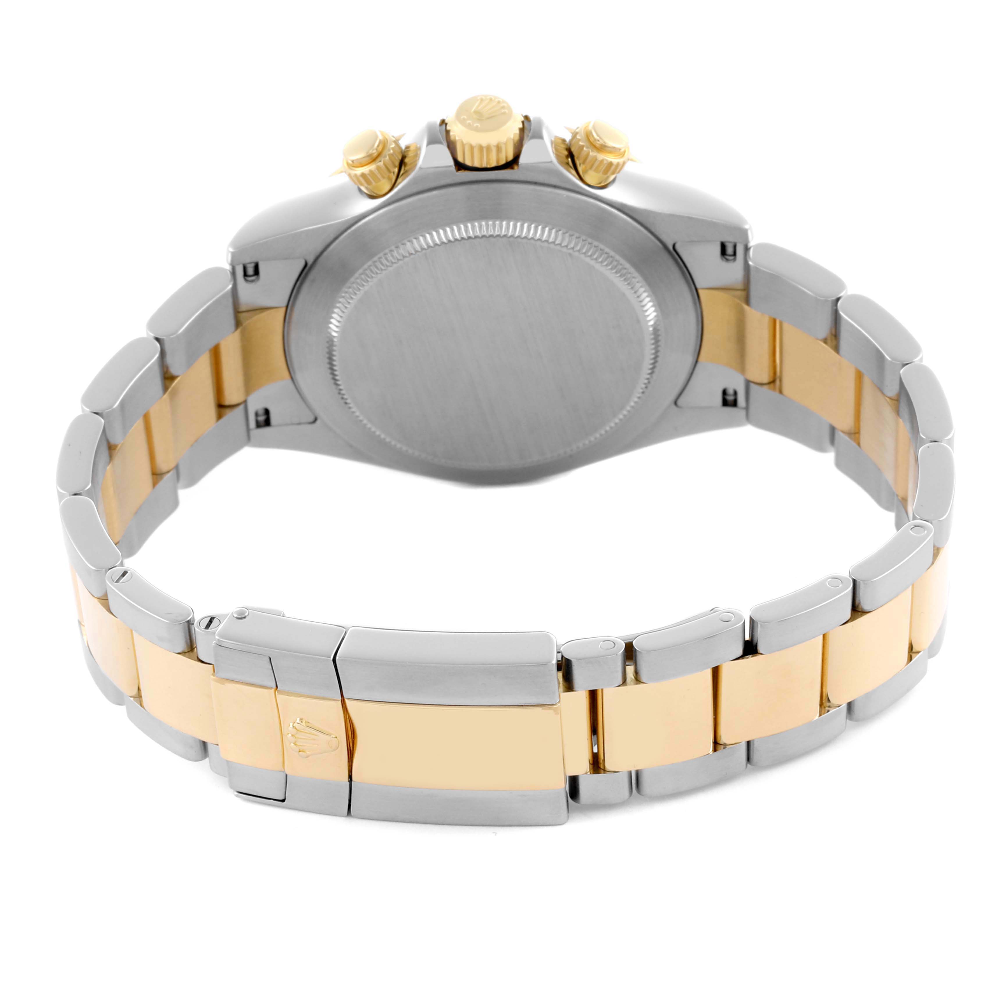 The image shows the back case and bracelet of a Rolex Daytona 116523 Men's Steel and Gold (two tone) White Dial 116523 Men's Steel and Gold (two tone) White Dial, highlighting the two-tone metal and clasp.