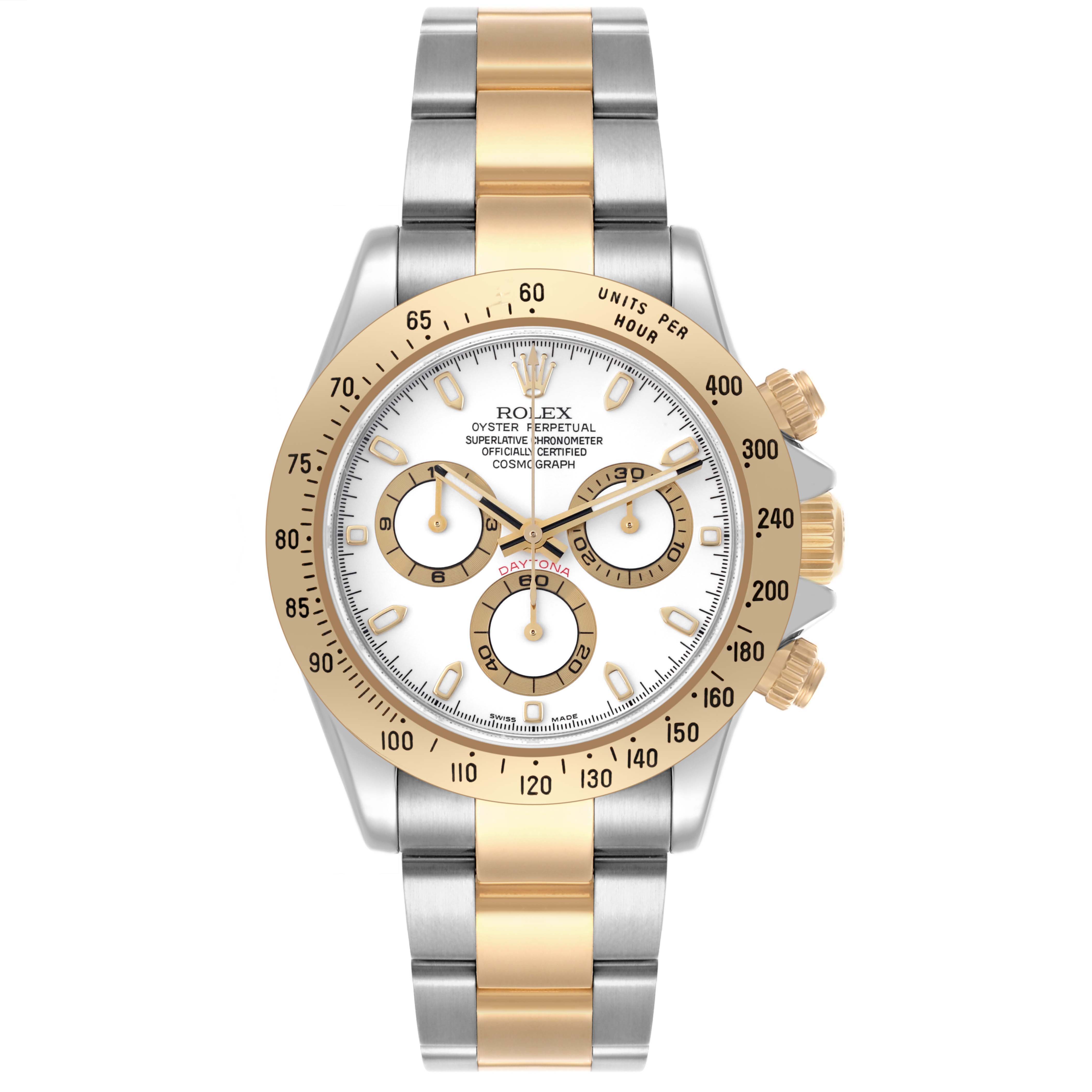 The Rolex Daytona 116523 Men's Steel and Gold (two tone) White Dial 116523 Men's Steel and Gold (two tone) White Dial is shown from a front view, highlighting its face, bezel, and bracelet.