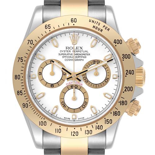 The Rolex Daytona watch is shown from a frontal angle, displaying the dial, sub-dials, bezel, and crown.