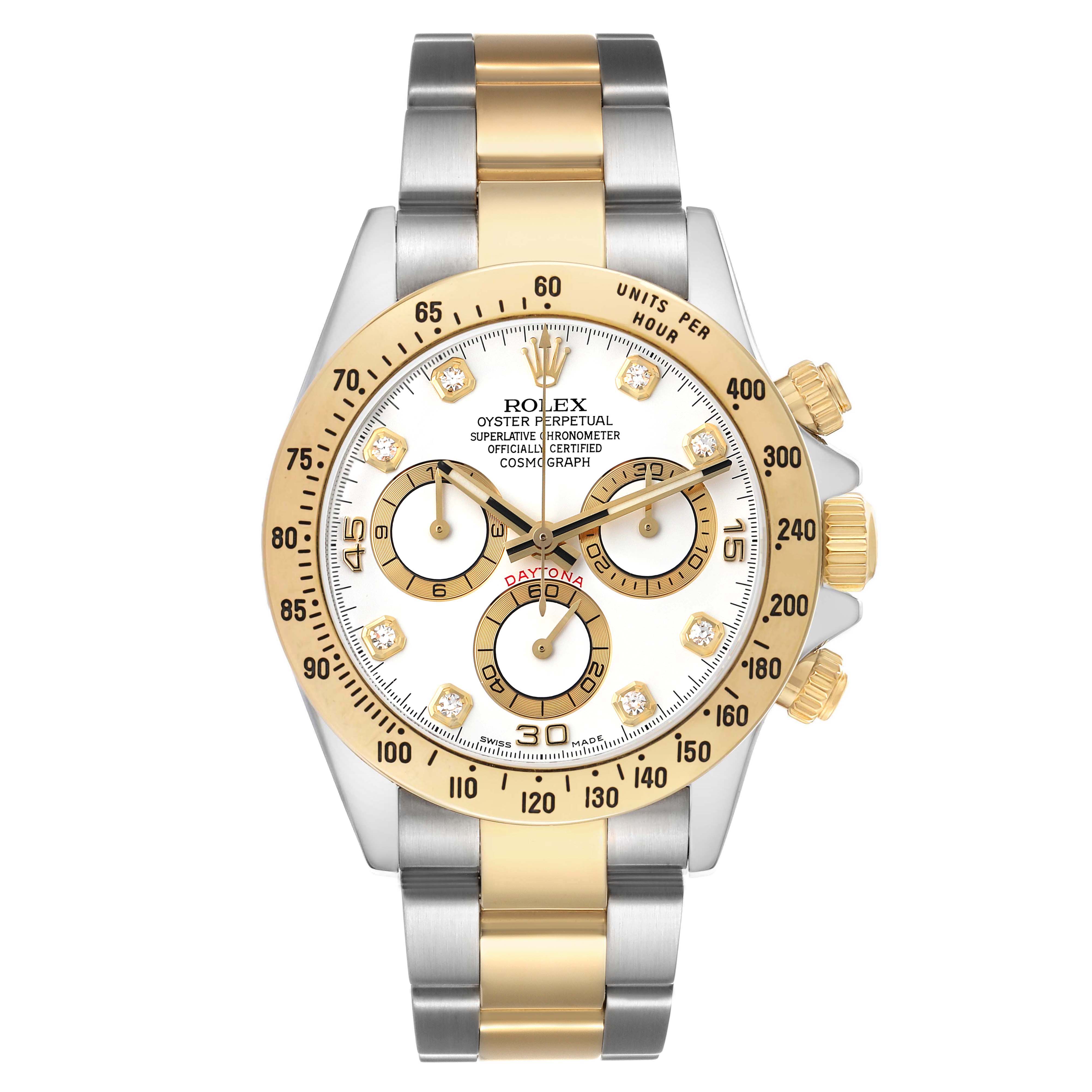 The Rolex Daytona 116523 Men's Steel and Gold (two tone) White Dial watch is shown from the front, displaying the face, bezel, crown, push buttons, and bracelet.