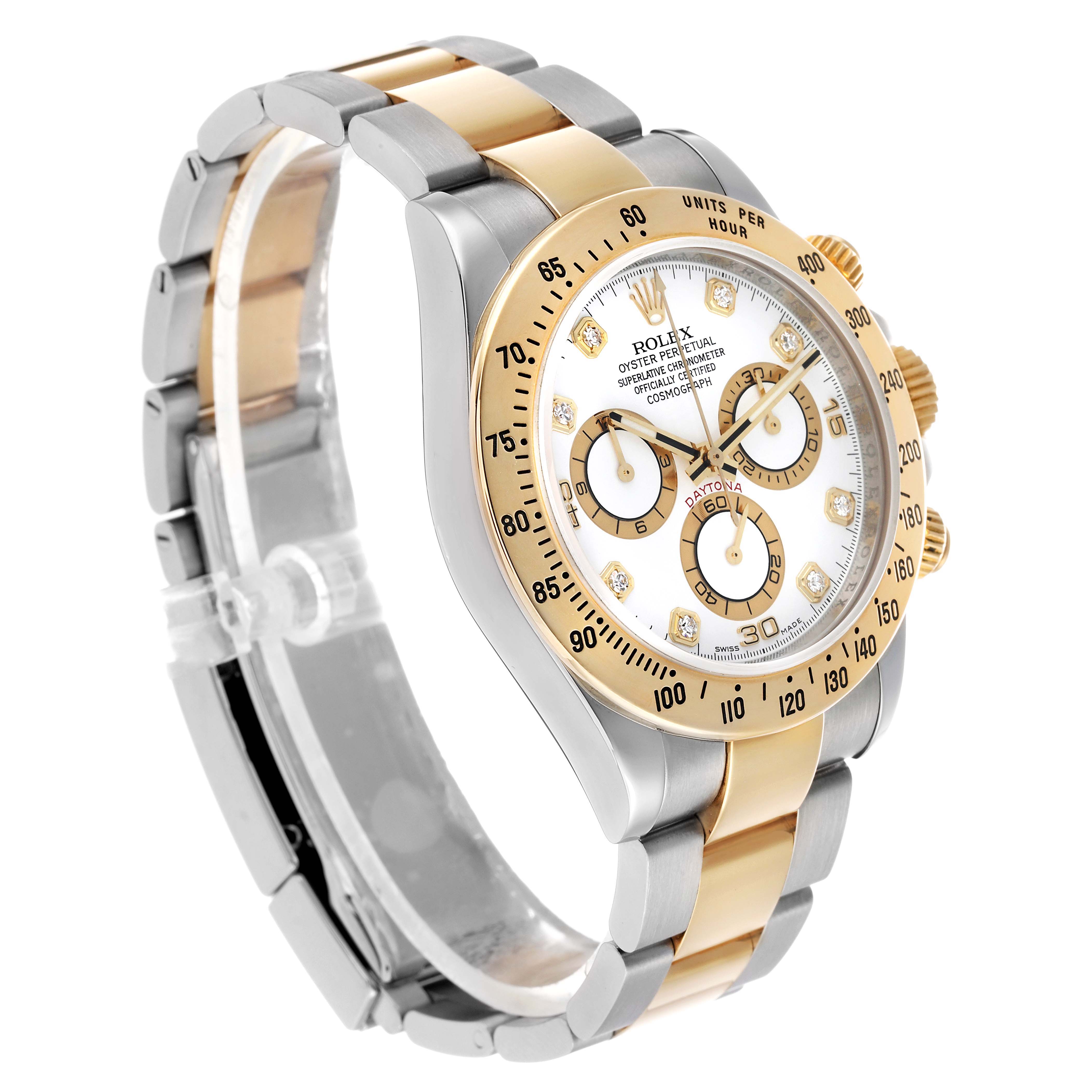 The Rolex Daytona 116523 Men's Steel and Gold (two tone) White Dial watch is shown at a three-quarter angle, displaying the face, bezel, crown, and bracelet.