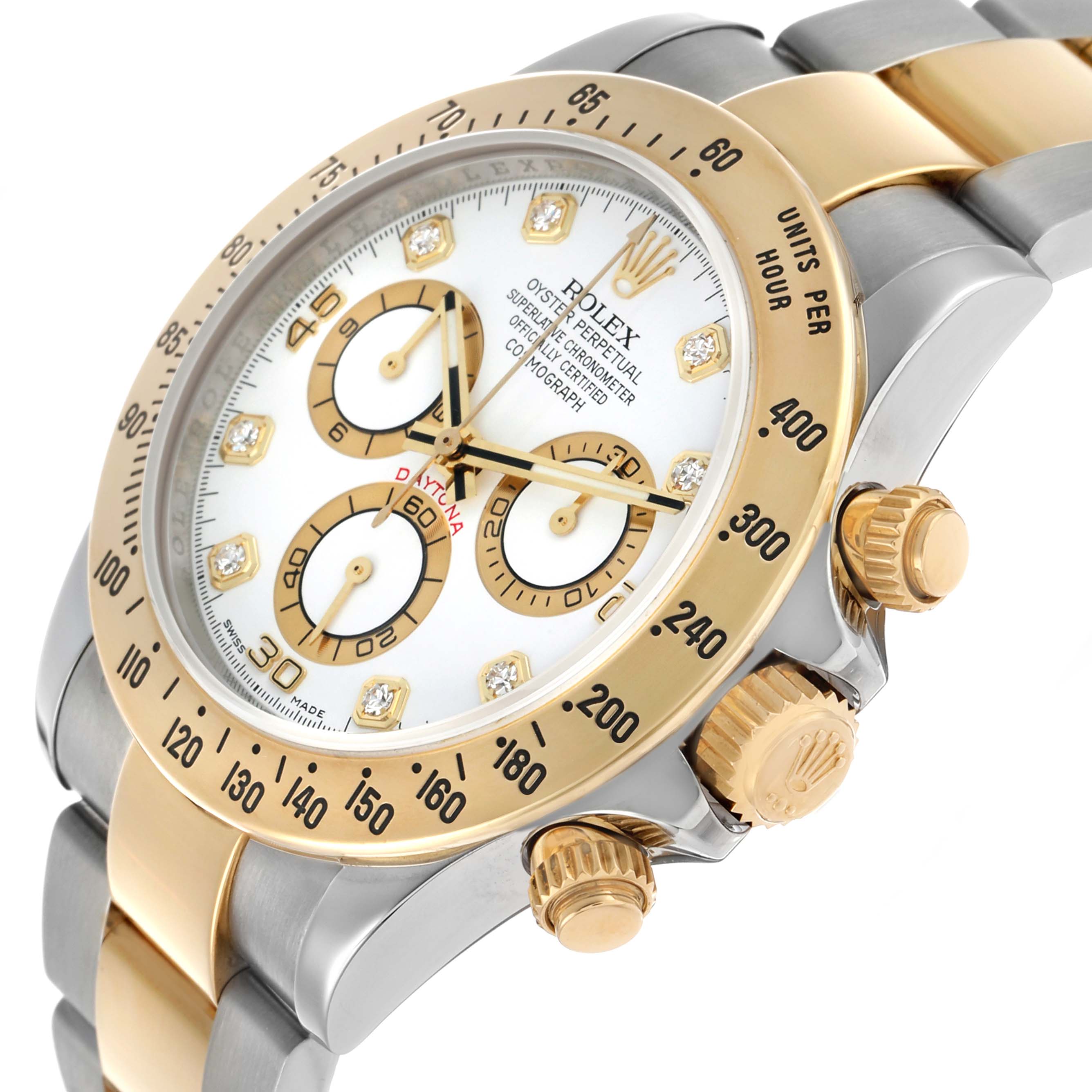 The Rolex Daytona 116523 Men's Steel and Gold (two tone) White Dial watch is shown at a three-quarter angle, highlighting the bezel, dial, crown, and part of the bracelet.
