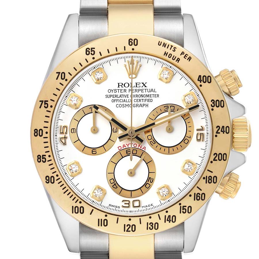 The Rolex Daytona 116523 Men's Steel and Gold (two tone) White Dial watch is shown from a front angle, highlighting the dial, bezel, pushers, and part of the bracelet.
