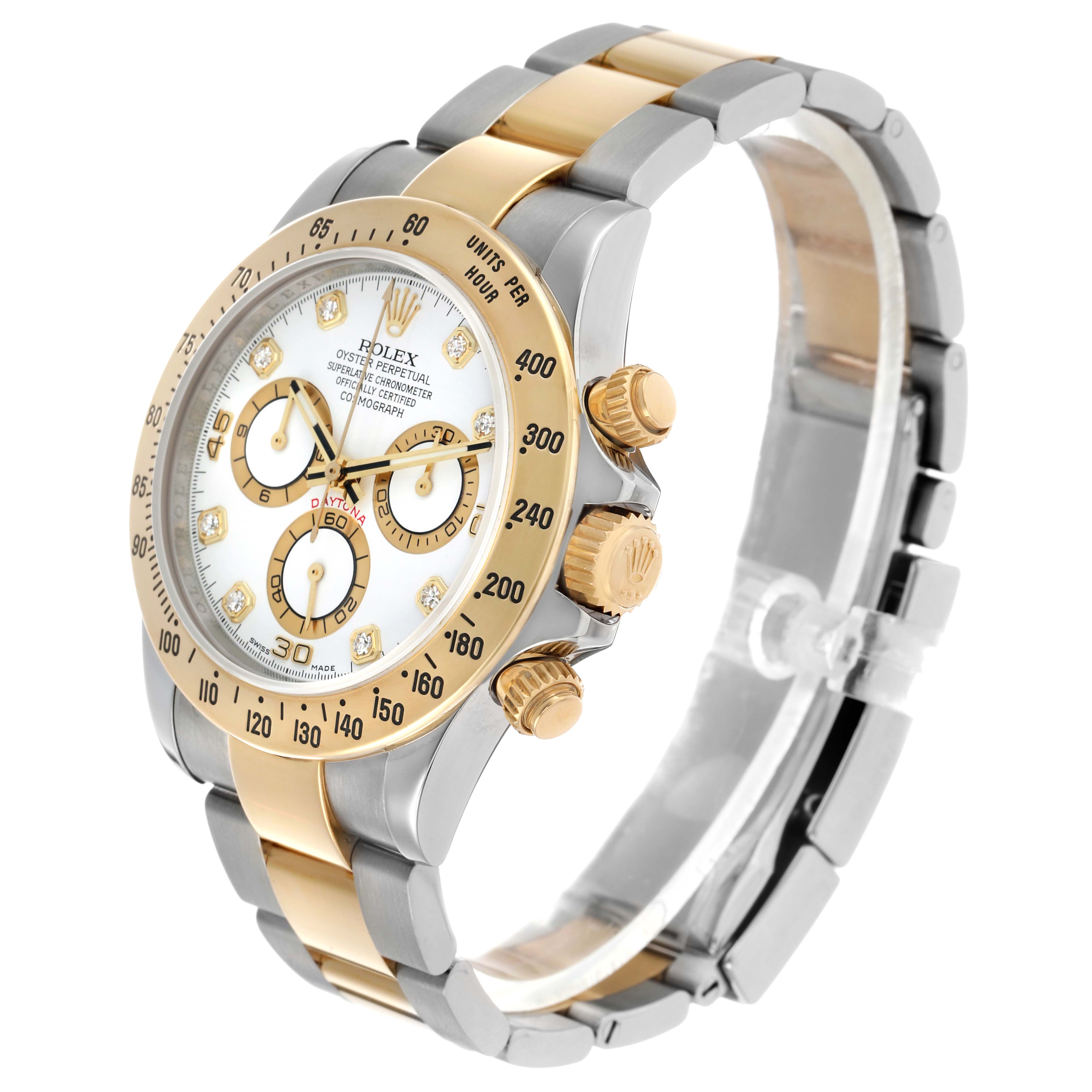 The Rolex Daytona 116523 Men's Steel and Gold (two tone) White Dial watch is shown at a three-quarter angle, highlighting the face, bezel, crown, and bracelet.