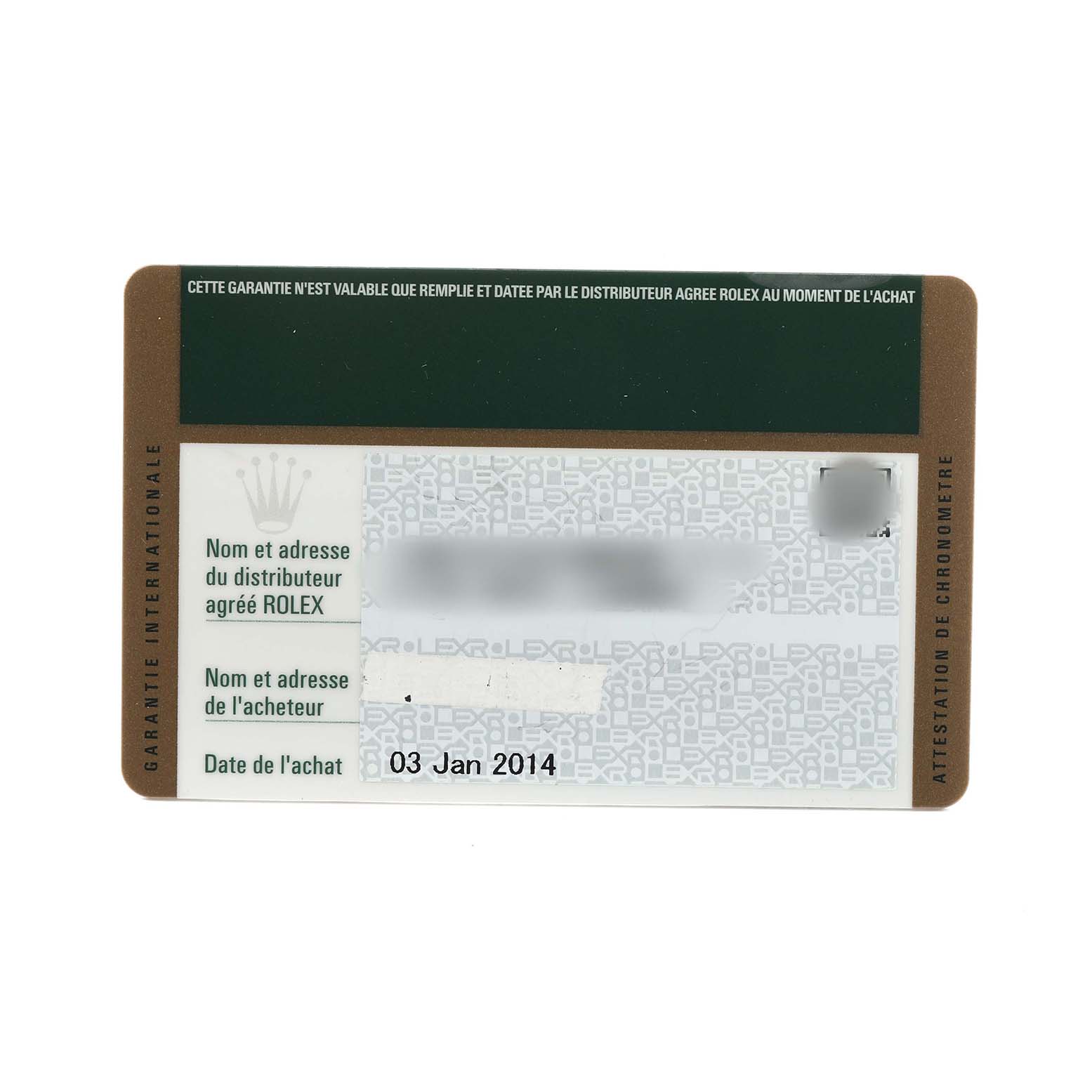 The image shows a guarantee card for a Rolex Daytona 116523 Men's Steel and Gold (two tone) White Dial watch.