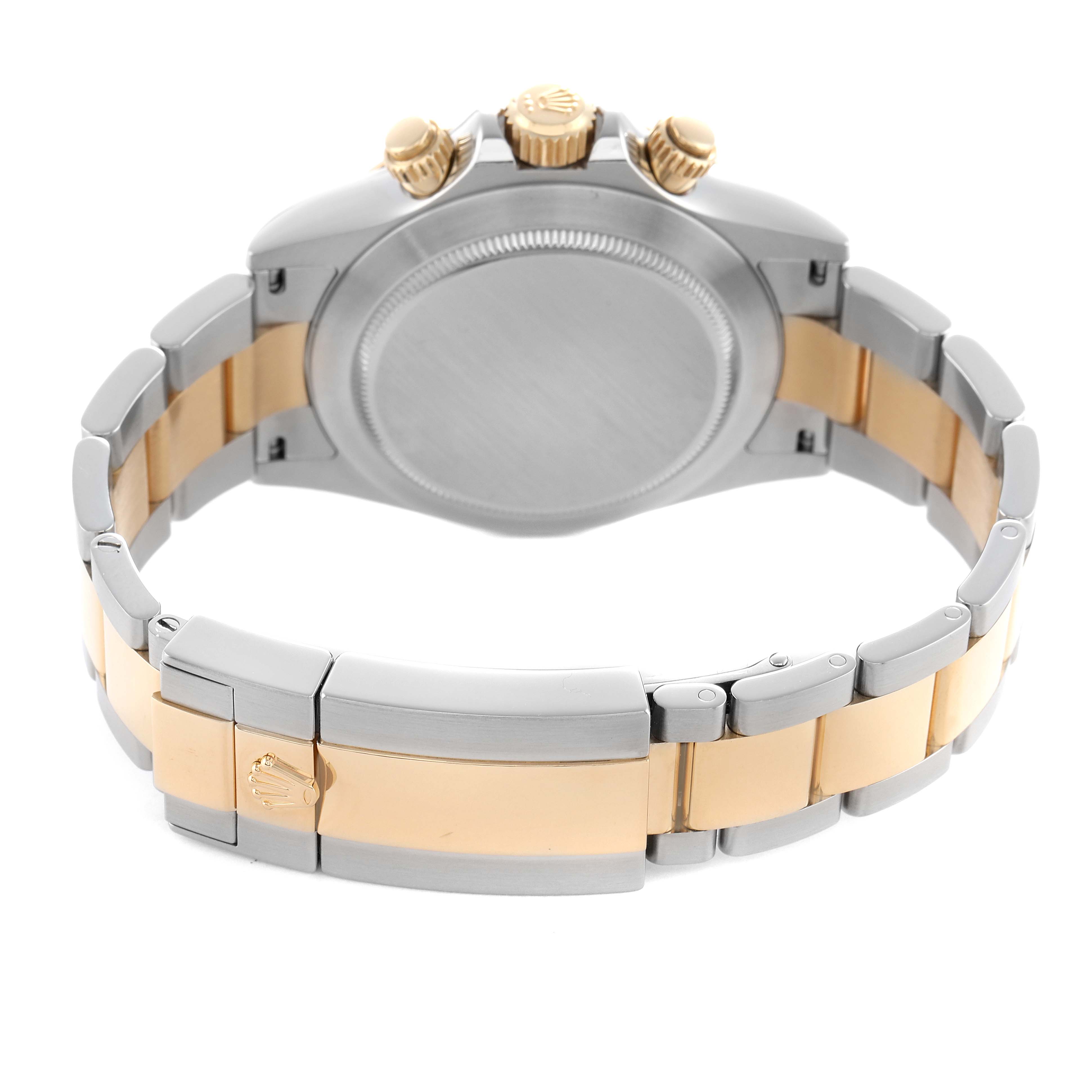 The image shows the back and bracelet of a Rolex Daytona 116523 Men's Steel and Gold (two tone) White Dial watch, highlighting the clasp and case back.