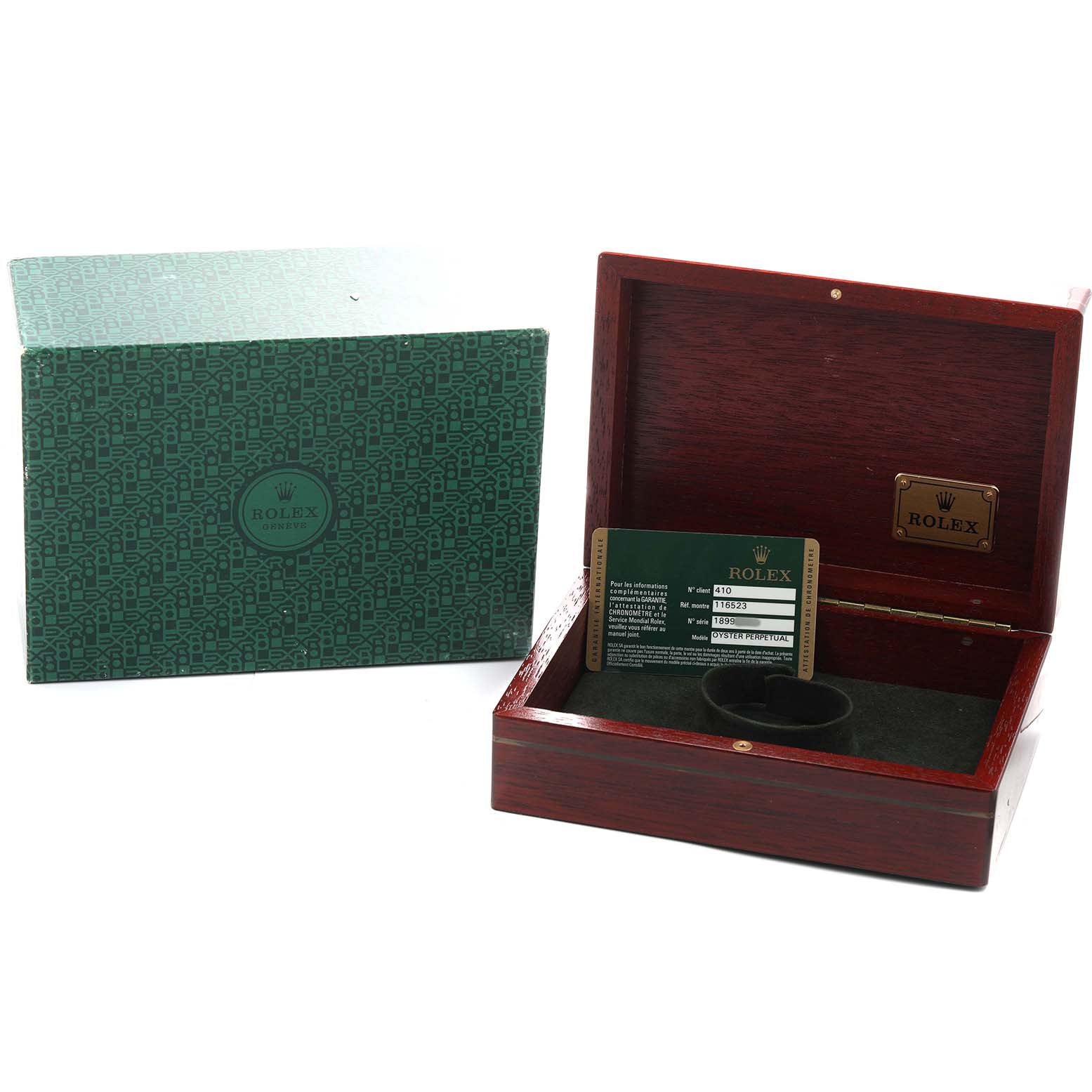 The image shows a Rolex Daytona 116523 Men's Steel and Gold (two tone) White Dial box and packaging, featuring an open wooden case and branding card.