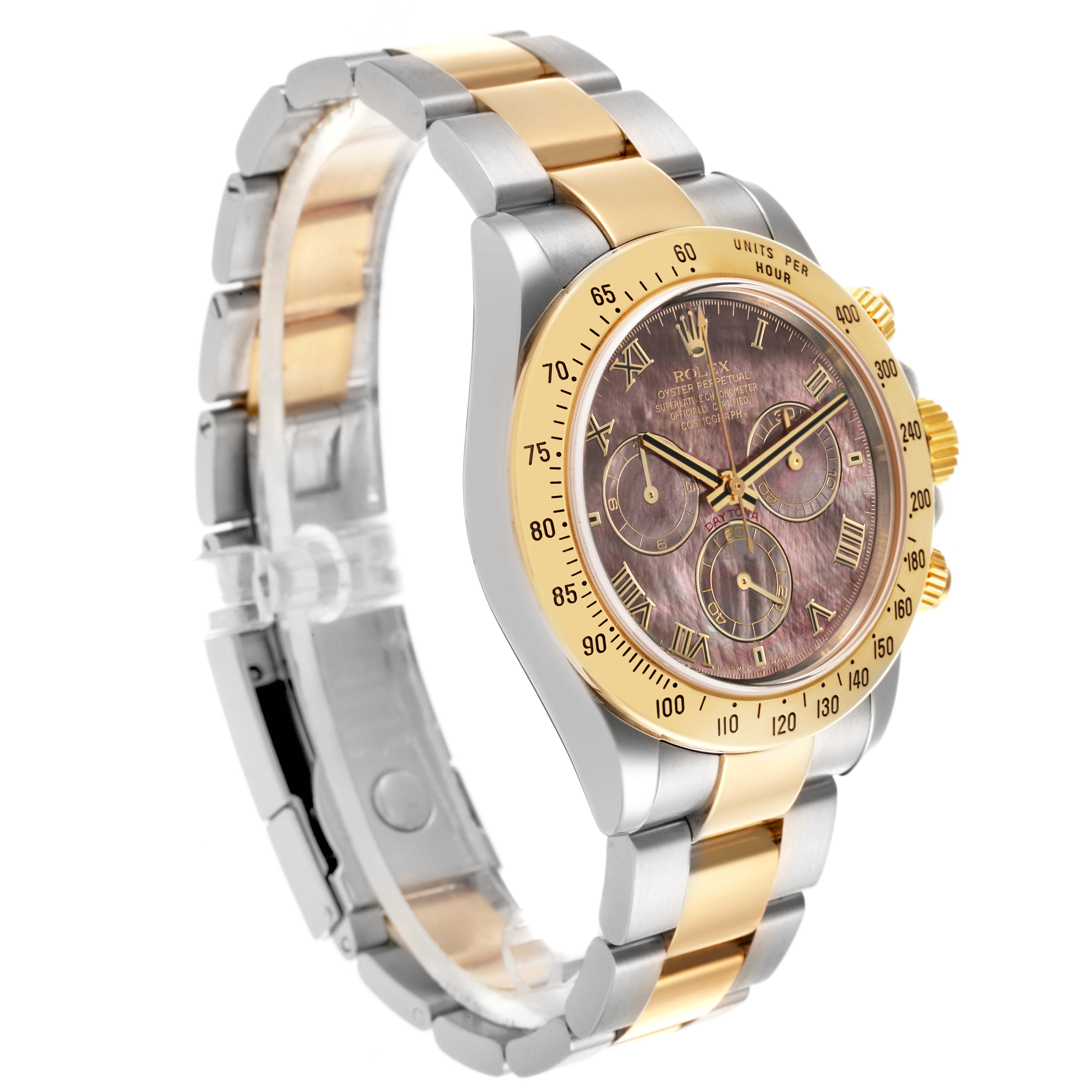 The image shows a side angle of the Rolex Daytona 116523NR Men's Steel and Gold (two tone) Mother of Pearl Dial 116523NR Men's Steel and Gold (two tone) Mother of Pearl Dial watch, highlighting the bezel, dial, and two-tone bracelet.