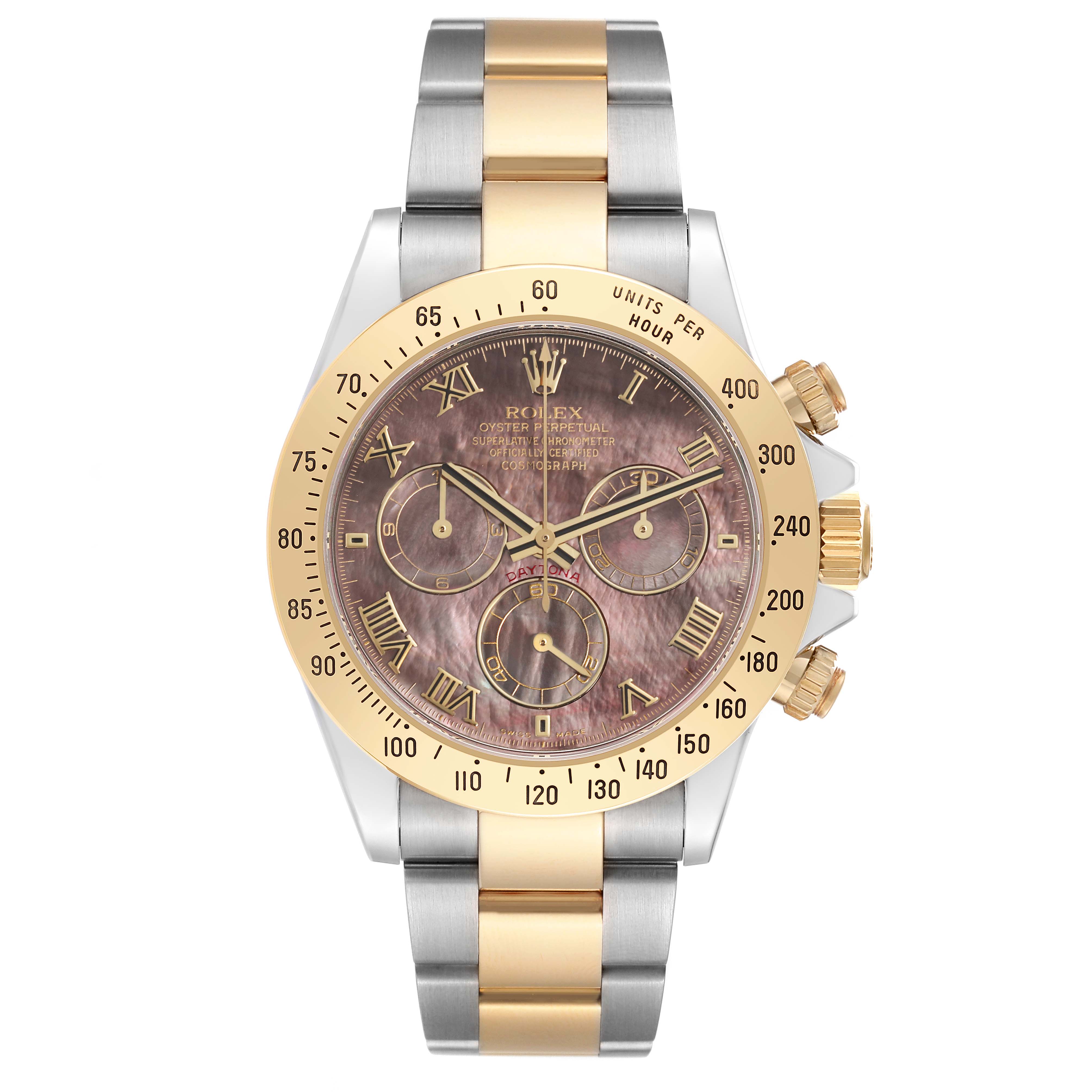 The image shows a front view of a Rolex Daytona 116523NR Men's Steel and Gold (two tone) Mother of Pearl Dial 116523NR Men's Steel and Gold (two tone) Mother of Pearl Dial watch, displaying the dial, bezel, crown, and bracelet.