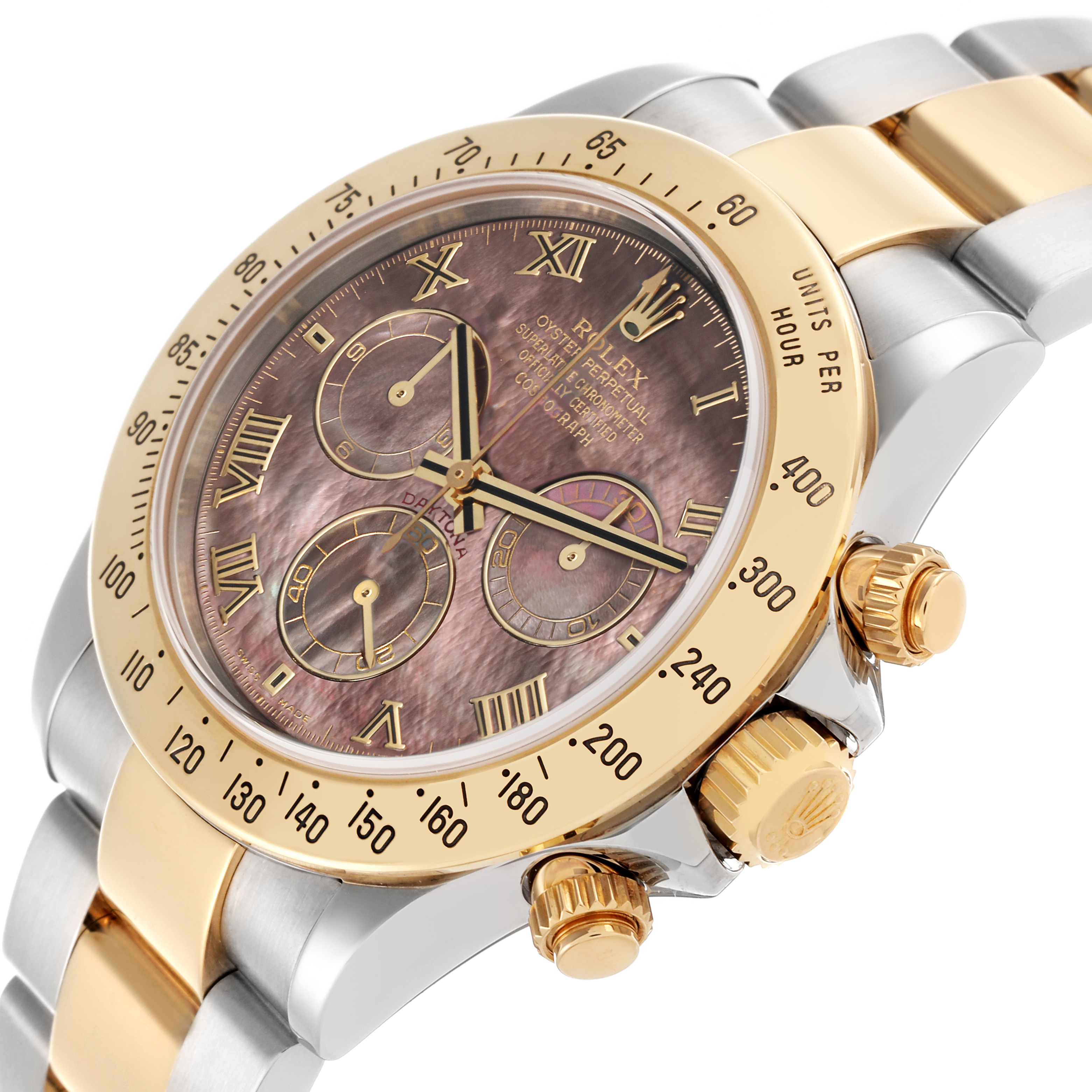 The image shows a side angle of the Rolex Daytona 116523NR Men's Steel and Gold (two tone) Mother of Pearl Dial 116523NR Men's Steel and Gold (two tone) Mother of Pearl Dial watch, highlighting the bezel, dial, and crown.