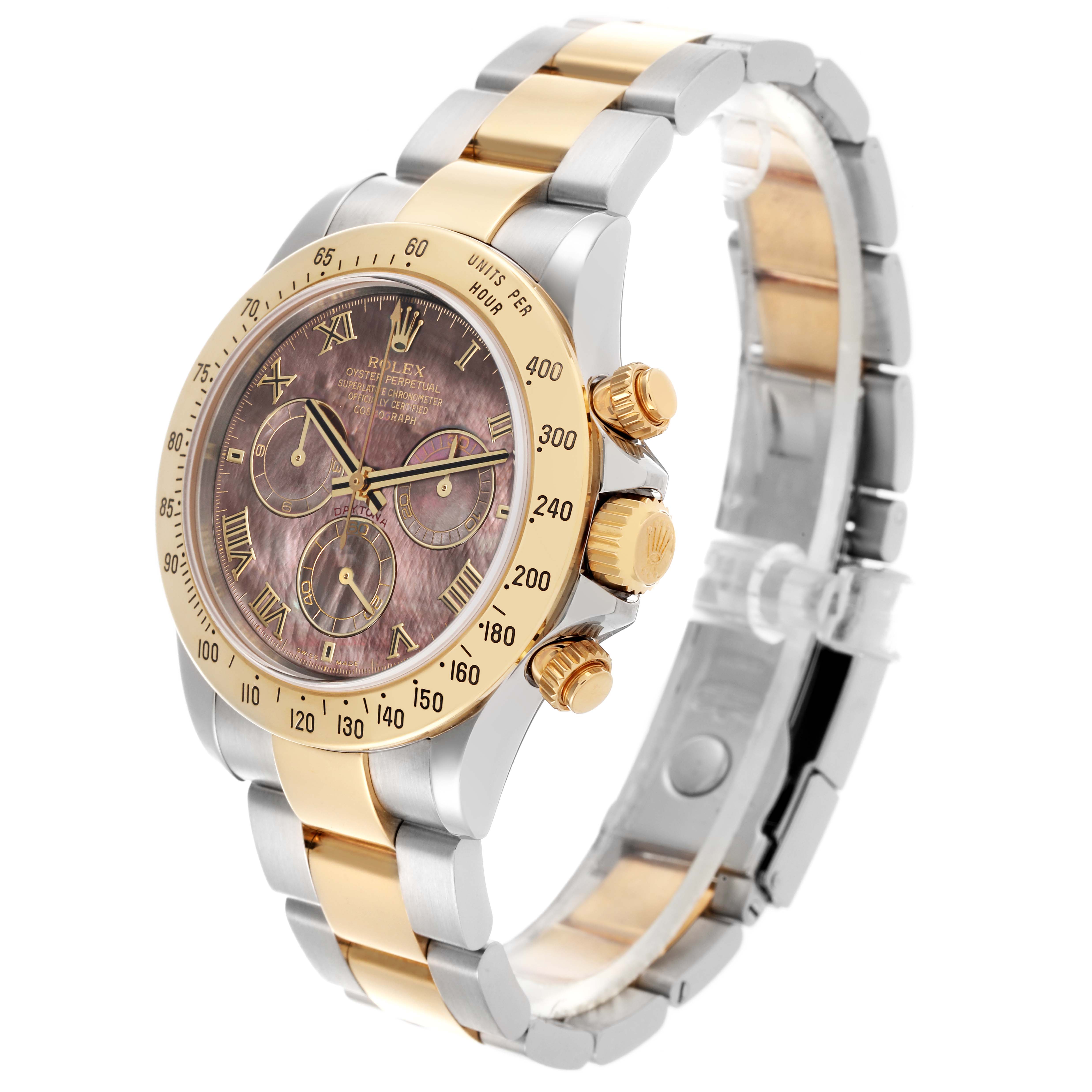 The Rolex Daytona 116523NR Men's Steel and Gold (two tone) Mother of Pearl Dial 116523NR Men's Steel and Gold (two tone) Mother of Pearl Dial watch is shown at an angled side view, showcasing the face, bezel, crown, and part of the bracelet.