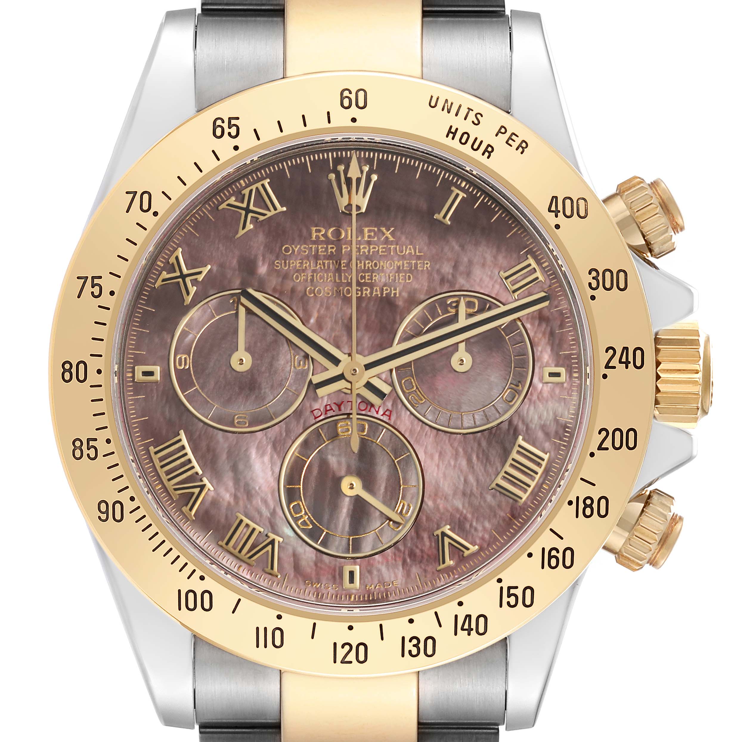 The Rolex Daytona 116523NR Men's Steel and Gold (two tone) Mother of Pearl Dial 116523NR Men's Steel and Gold (two tone) Mother of Pearl Dial is shown from the front, highlighting the bezel, dial, and subdials with a gold and silver finish.