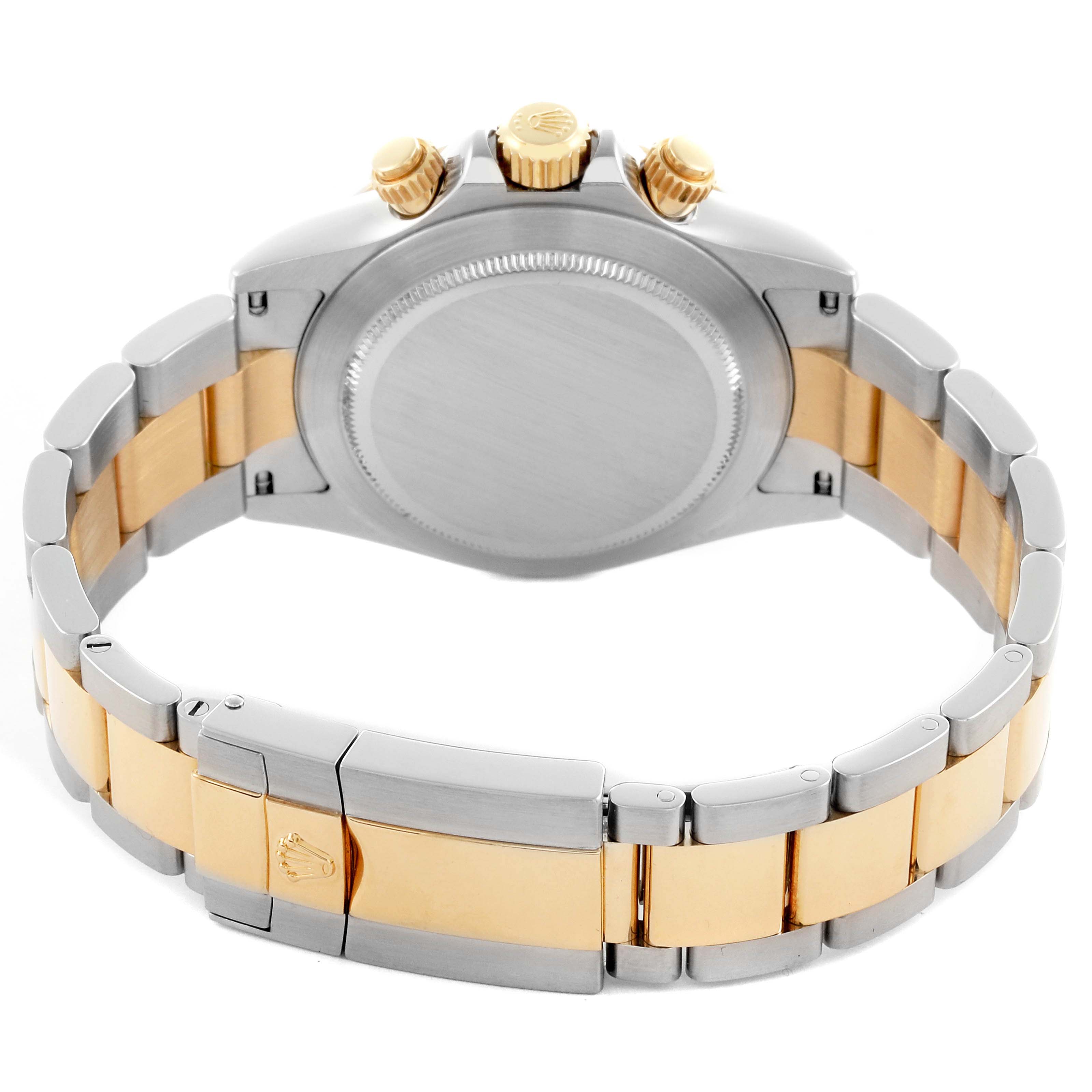 The image shows the back view of a Rolex Daytona 116523NR Men's Steel and Gold (two tone) Mother of Pearl Dial 116523NR Men's Steel and Gold (two tone) Mother of Pearl Dial watch, highlighting the bracelet and caseback.